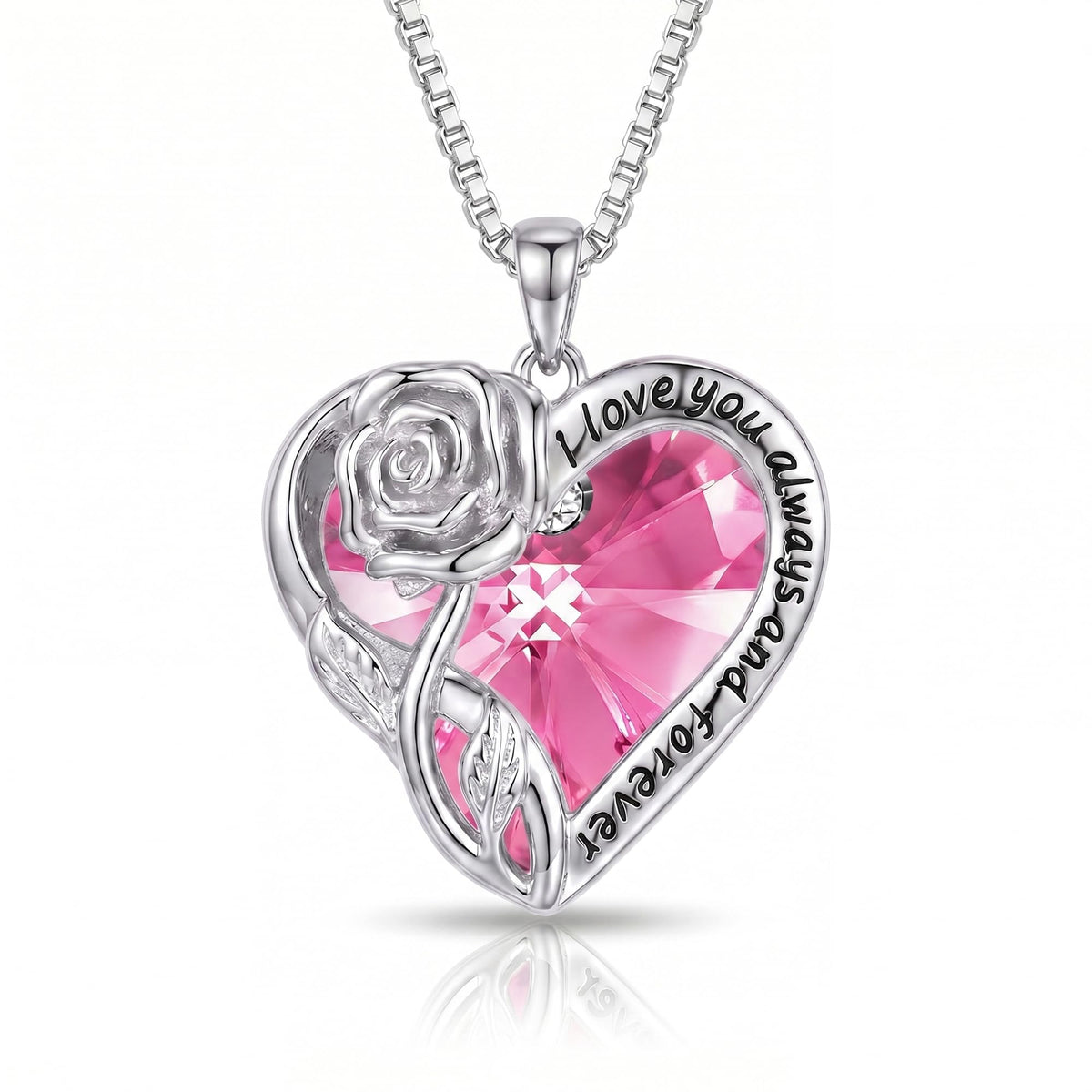 OCJ Birthstone Necklace for Women 925 Sterling Silver Rose Flower Heart Crystal Pendant Necklaces Fine Jewelry Anniversa