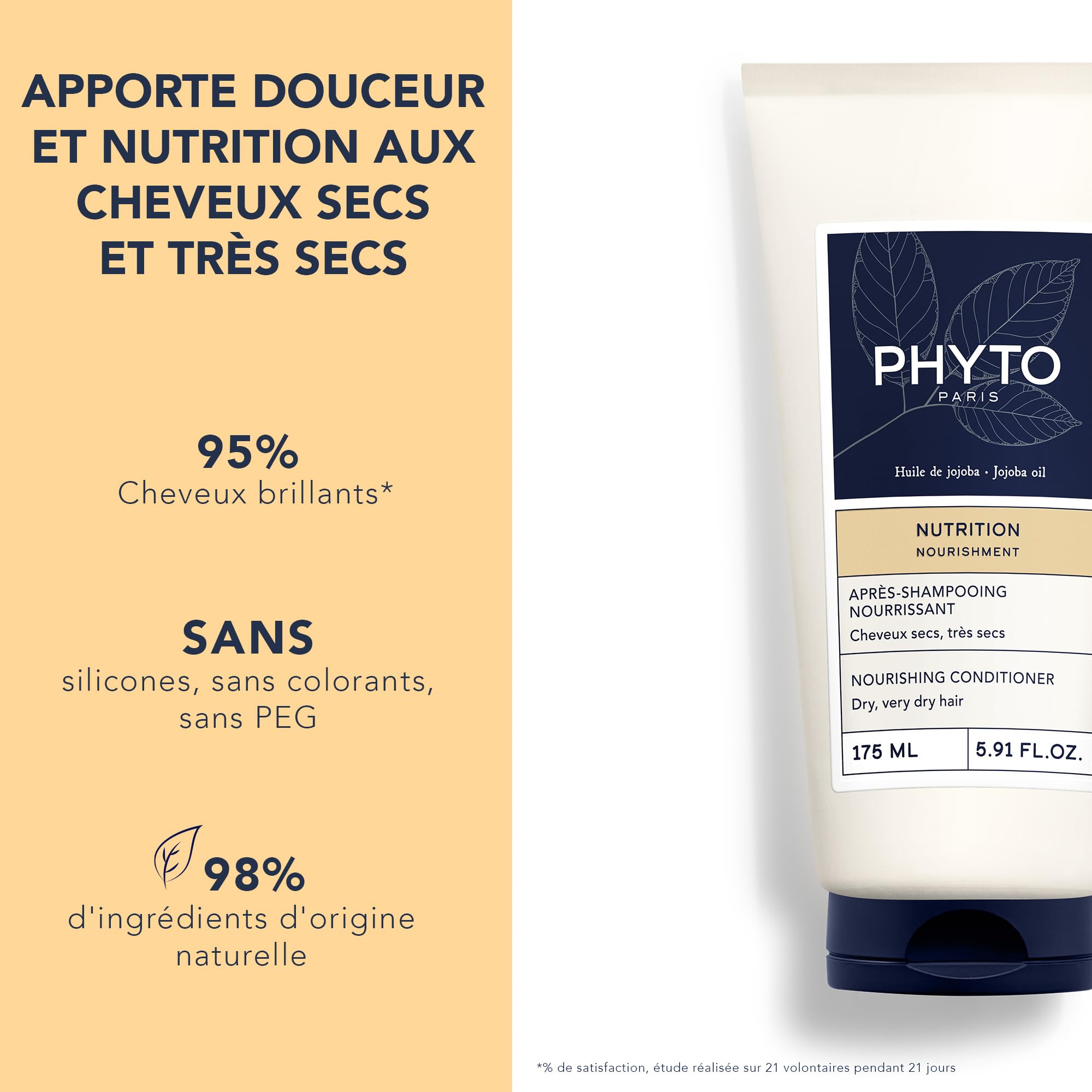 PHYTO Nourishment conditioner with jojoba oil in 5.91 oz bottle, showing creamy texture and natural ingredients for nourishing hair.
