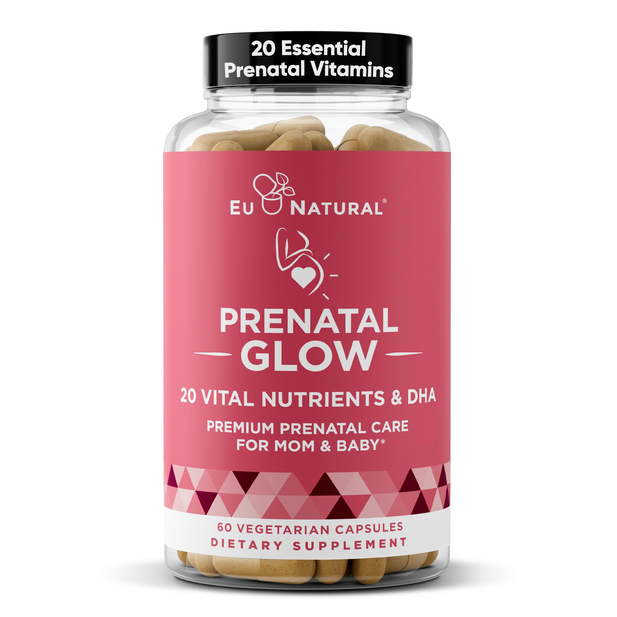 Eu Natural Glow prenatal vitamin bottle with 60 vegetarian capsules, containing folate and DHA for women’s health.