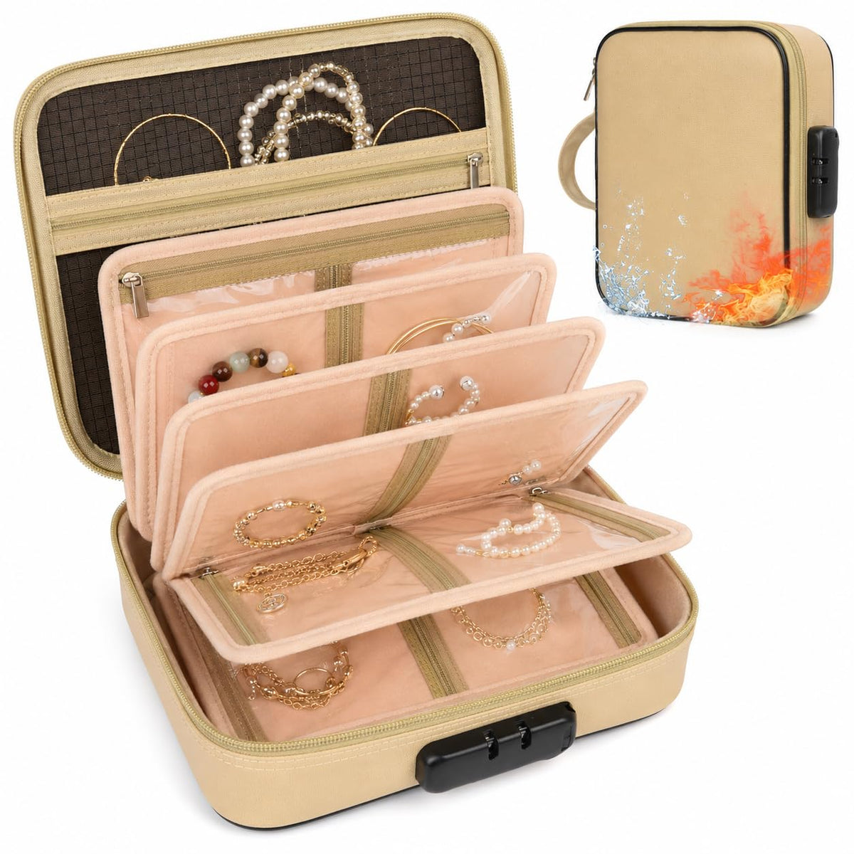Zynqur Fireproof Travel Jewelry Organizer Case with Lock & 6 Binder Pages – Khaki, fireproof, waterproof
