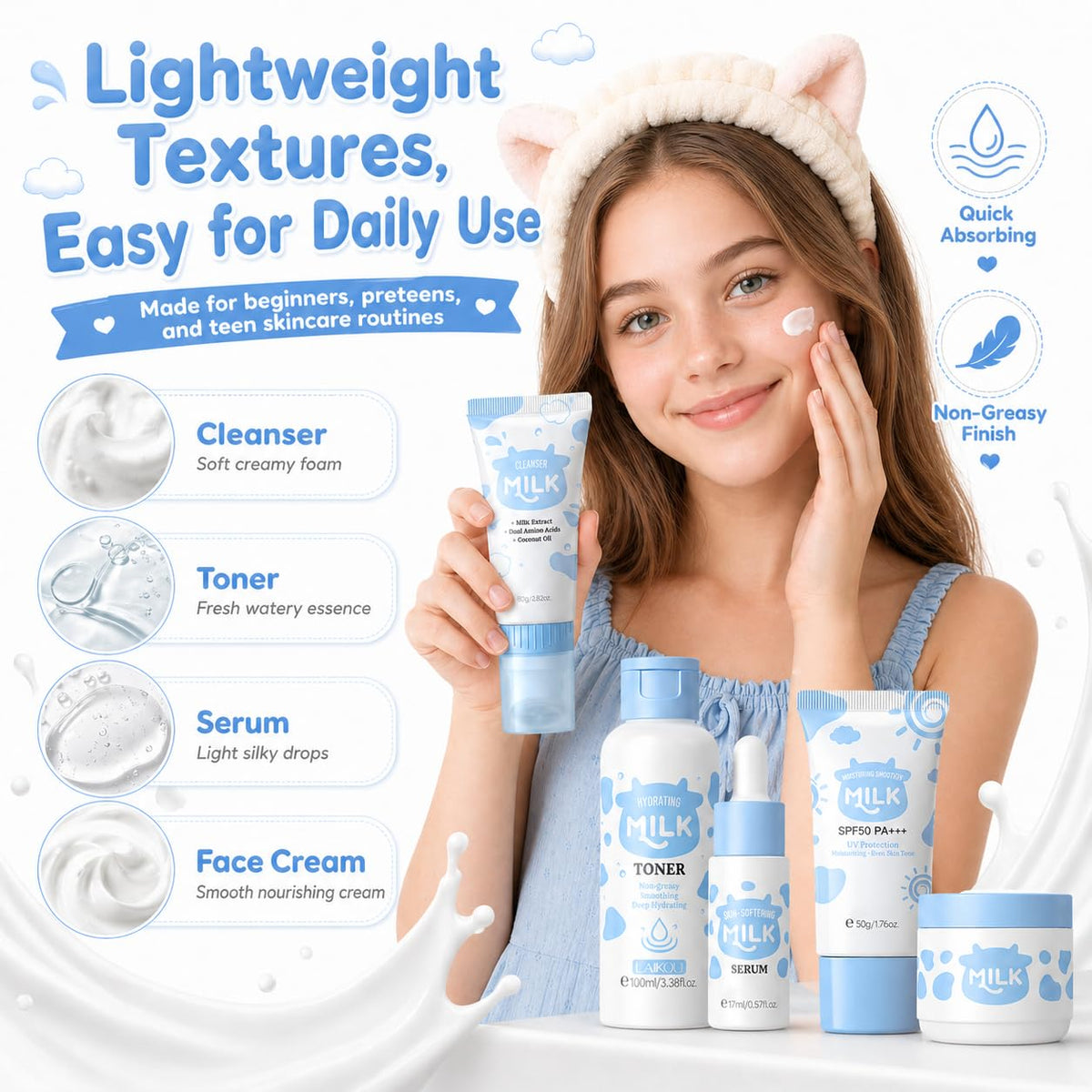MrCuvaryas Milk Skin Care For Kids Teens Gift Set - Skin Care Set For Girls Ages 8-12 - Skincare For Teens 10-12 - 12 In