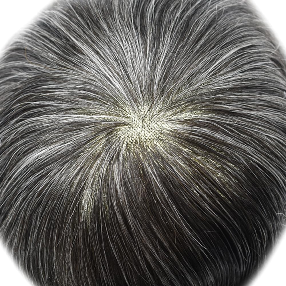 Curve Hair Mens Toupee Human Hair Piece Replacement System Monofilament Wig Hair Unit for Men Durable Poly Coated Mens Hairpiece (#1B40 Off Black+40% Gray, 6"X9")