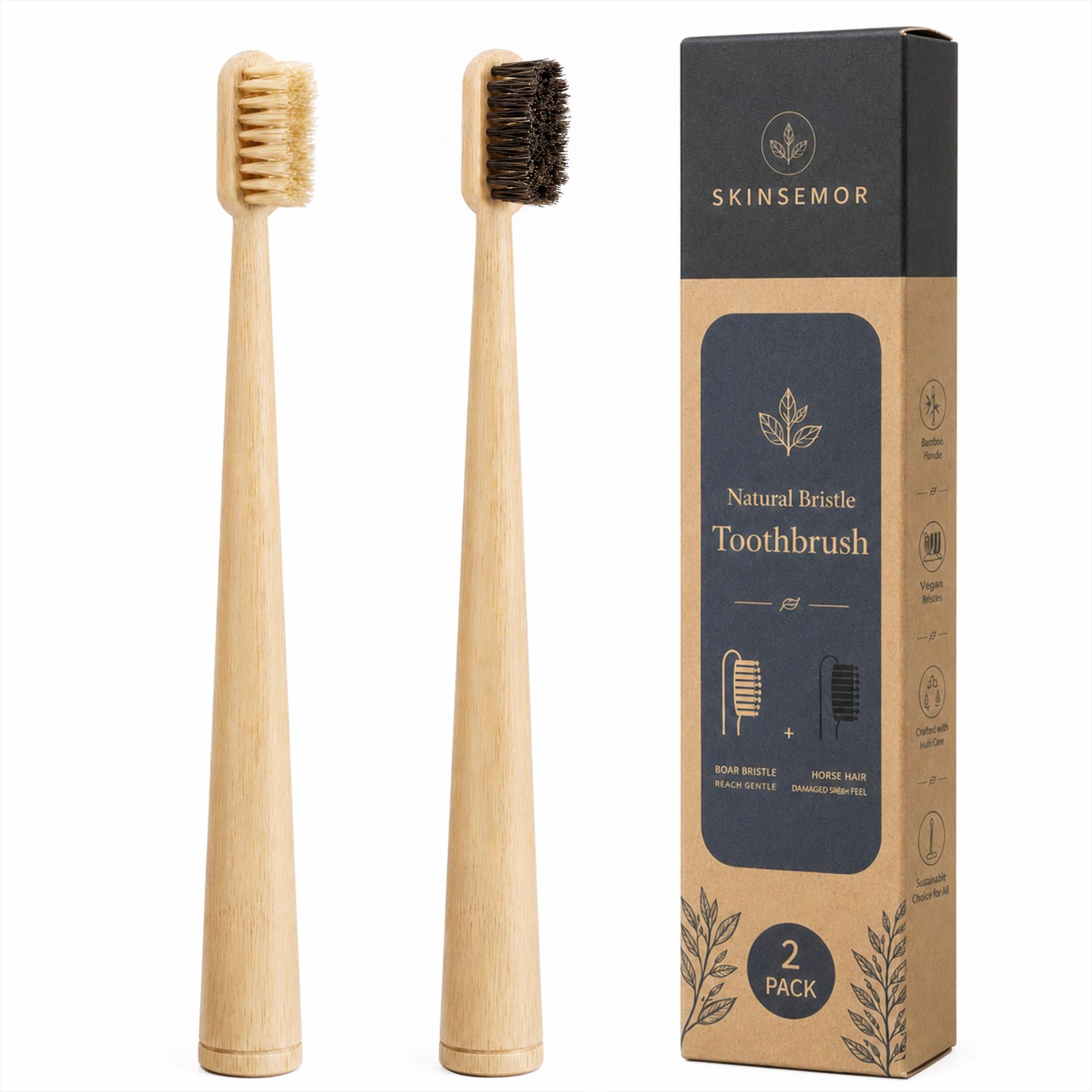 Natural Bristle Bamboo Toothbrush Set for Adults, 1 Boar Bristle - Product Imagery
