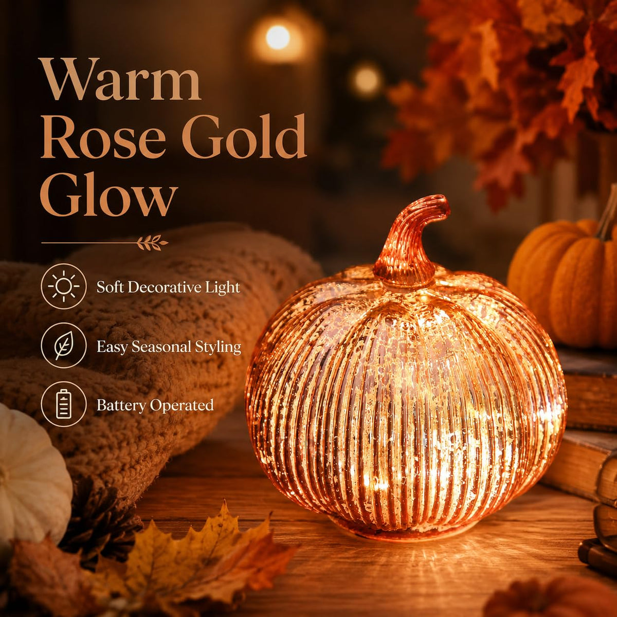 hvfun Rose Gold Glass Pumpkin Light with 2 Lighting Modes and 6-Hour Timer, 5.5 x 6 Inch Battery Operated Mercury Glass 
