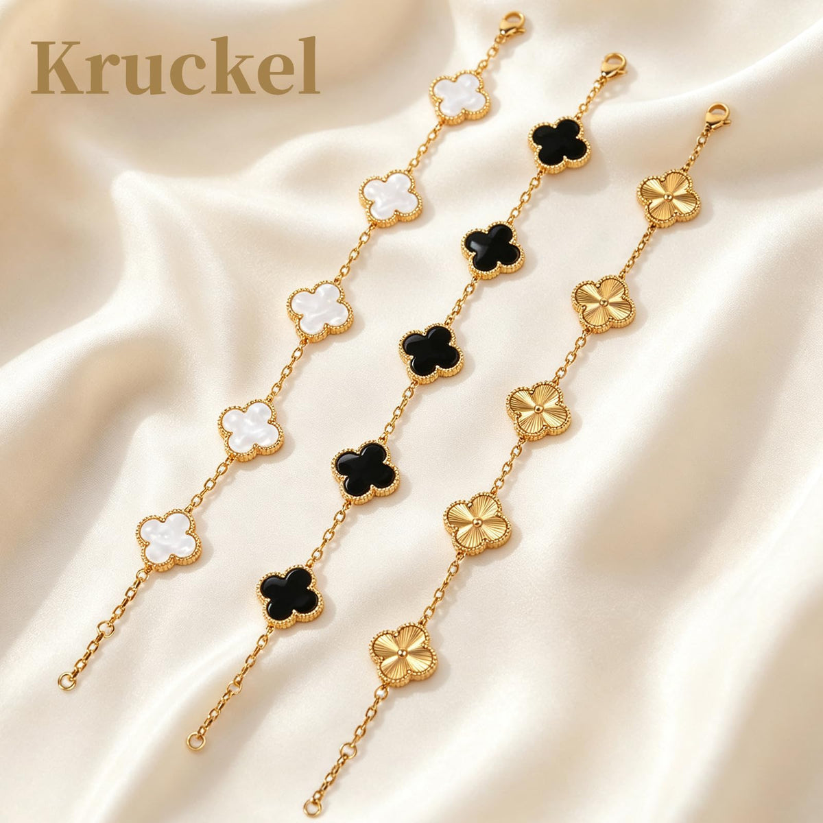 18K Gold Plated Clover Lucky Bracelet for Women White Black - Kruckel Official Imagery - 3