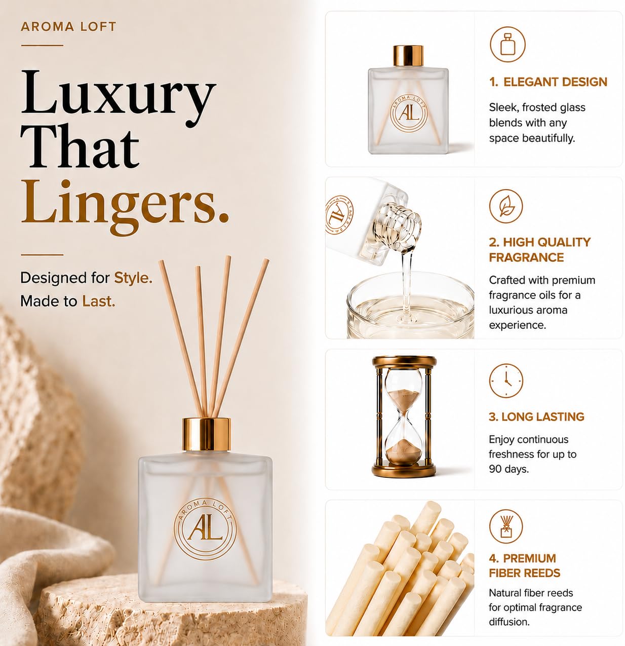 Aroma Loft Frosted Reed Diffuser in Cashmere Vanilla scent with 5oz bottle and decorative frosted glass design.
