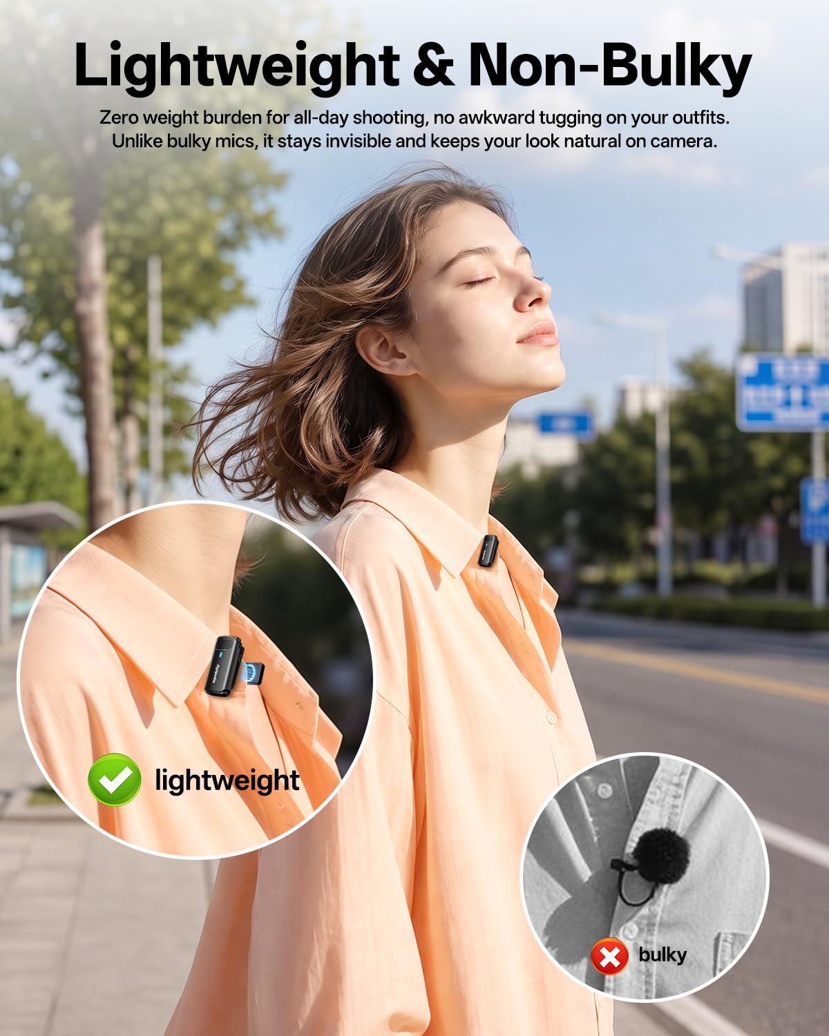 Apipolla Wireless Mini Lavalier Microphone for iPhone Android,Plug&Play Magenet Mics – full view