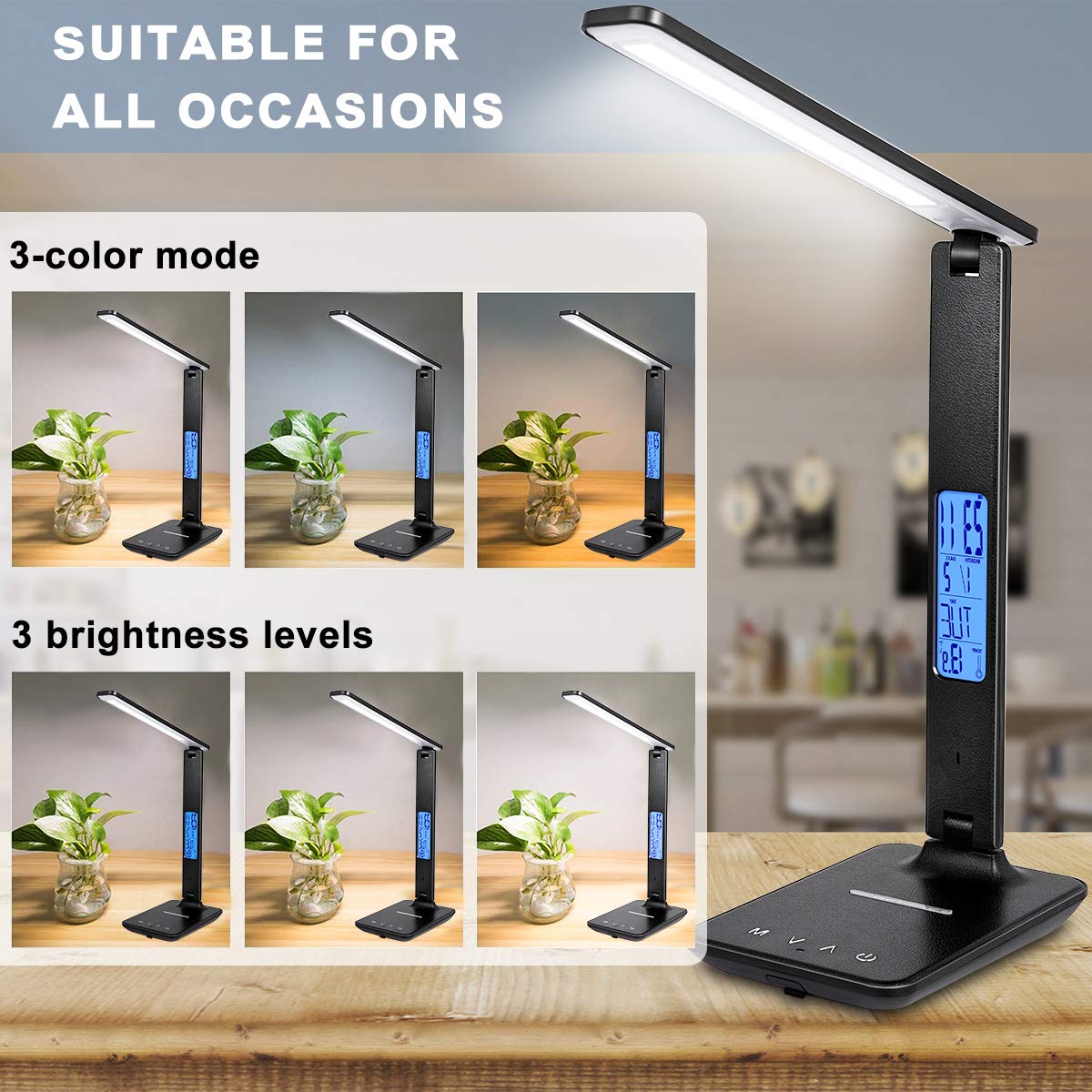 XIZDDL LED Desk Lamp with Wireless Charger, Suitable for Home, Office Dimmable, with USB Charging Port, Built-in Clock, 