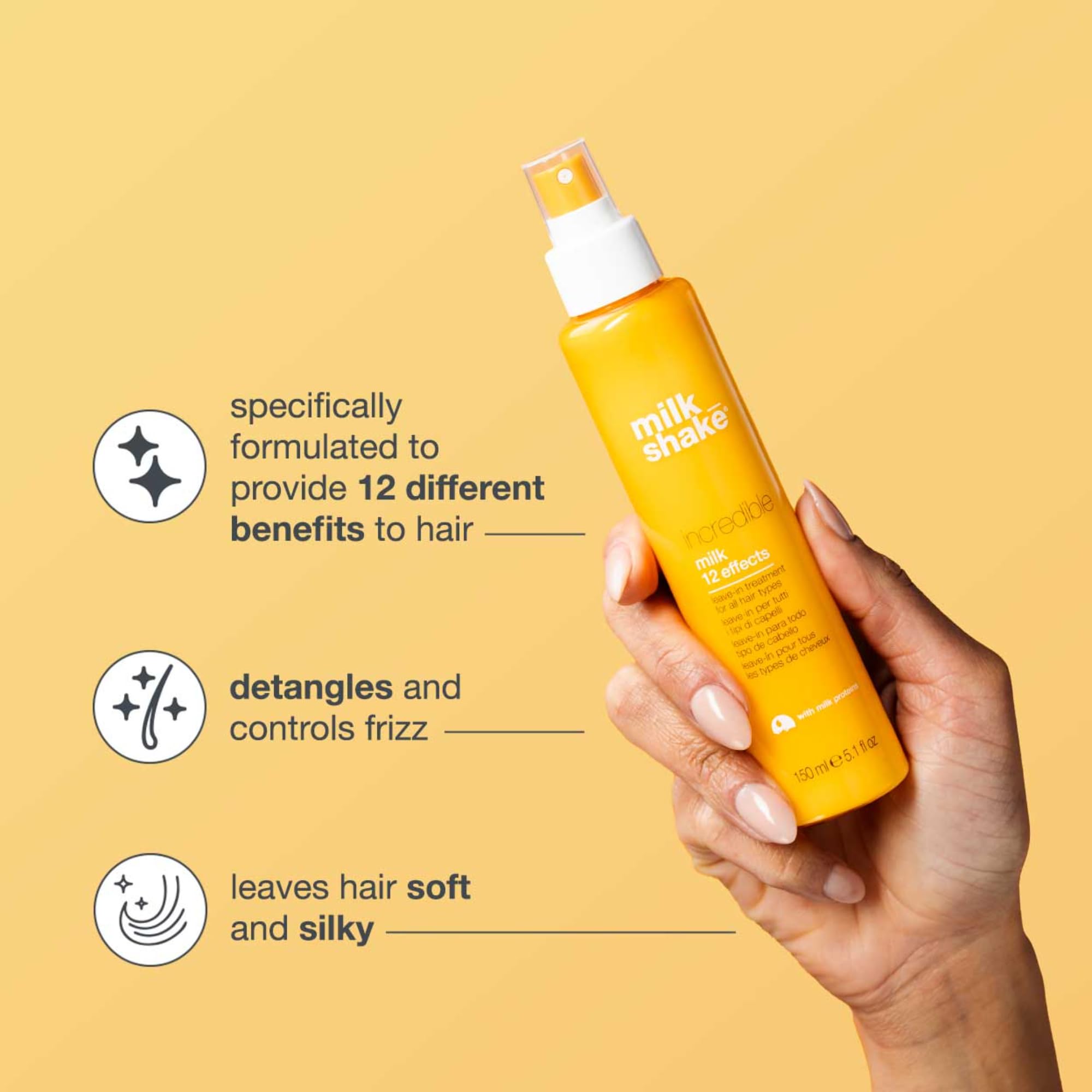 milk_shake Incredible Milk Leave-In Treatment conditioner bottle, 5.1 fl oz, with benefits for hair nourishment and repair.