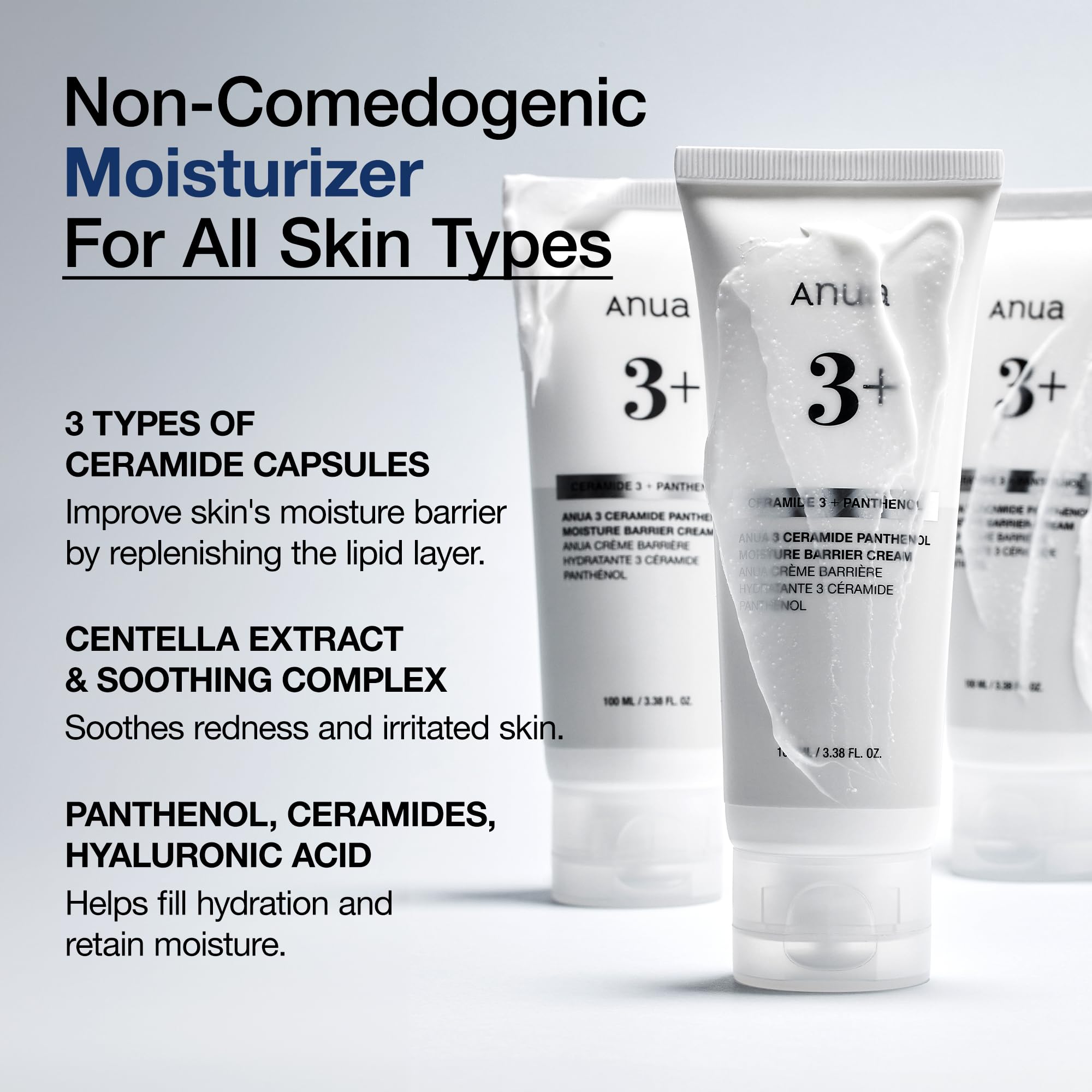 ANUA 3 Ceramide Panthenol Moisture Barrier Cream in 3.38 fl oz jar, featuring a smooth, hydrating skincare moisturizer for healthy skin.