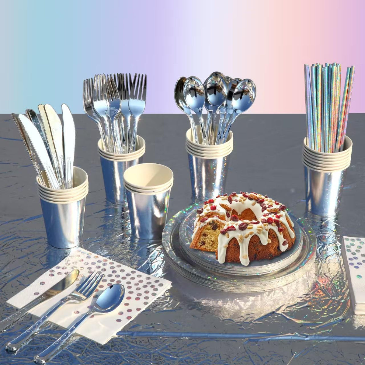 Zyzyphor 201-piece disposable party tableware set with paper plates, cups, napkins, straws, tablecloths, plastic knives,