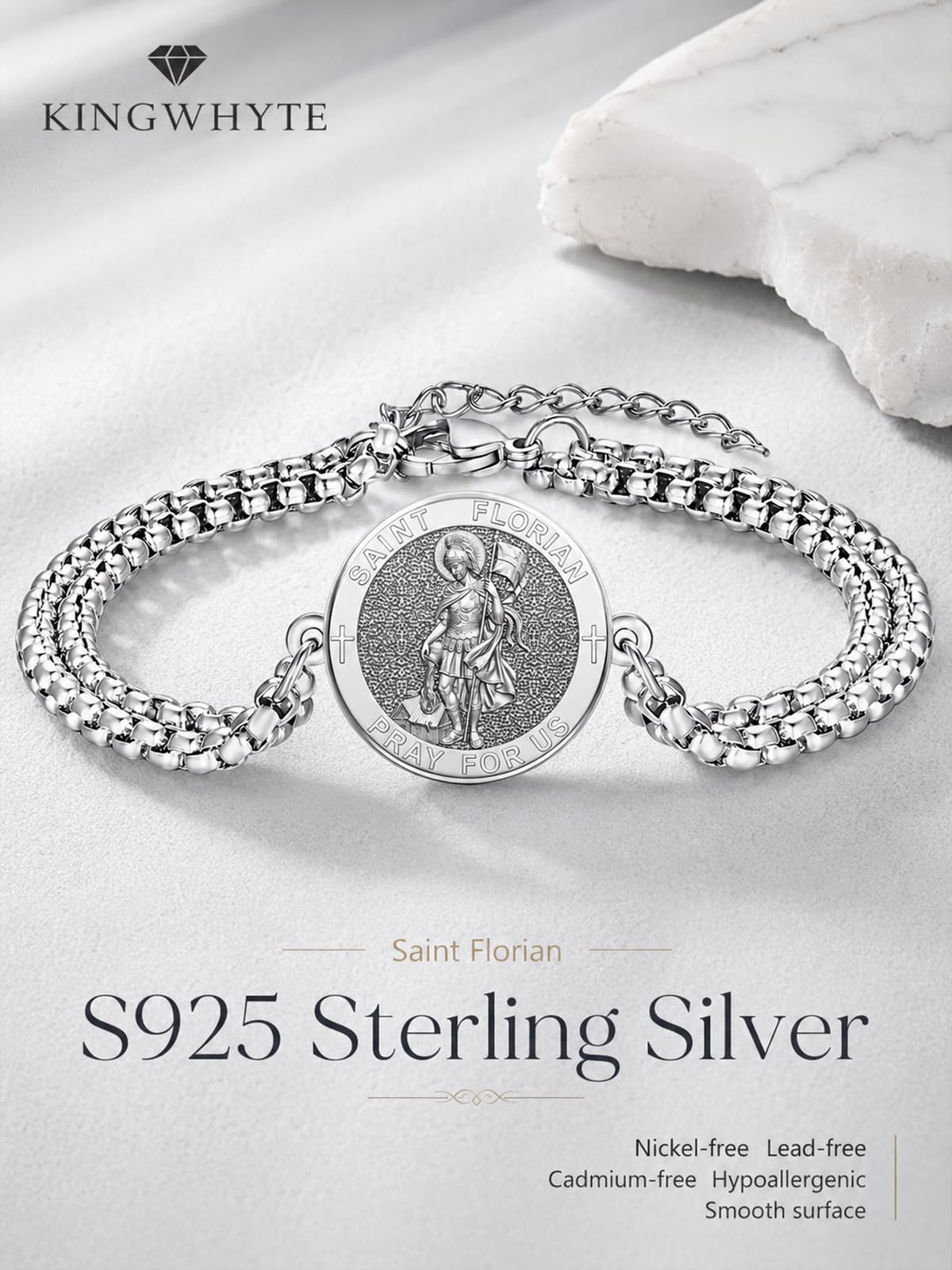 KINGWHYTE 925 Sterling Silver Saint Patron Medal Bracelet for Men Women – close-up detail in Silver-Saint Florian