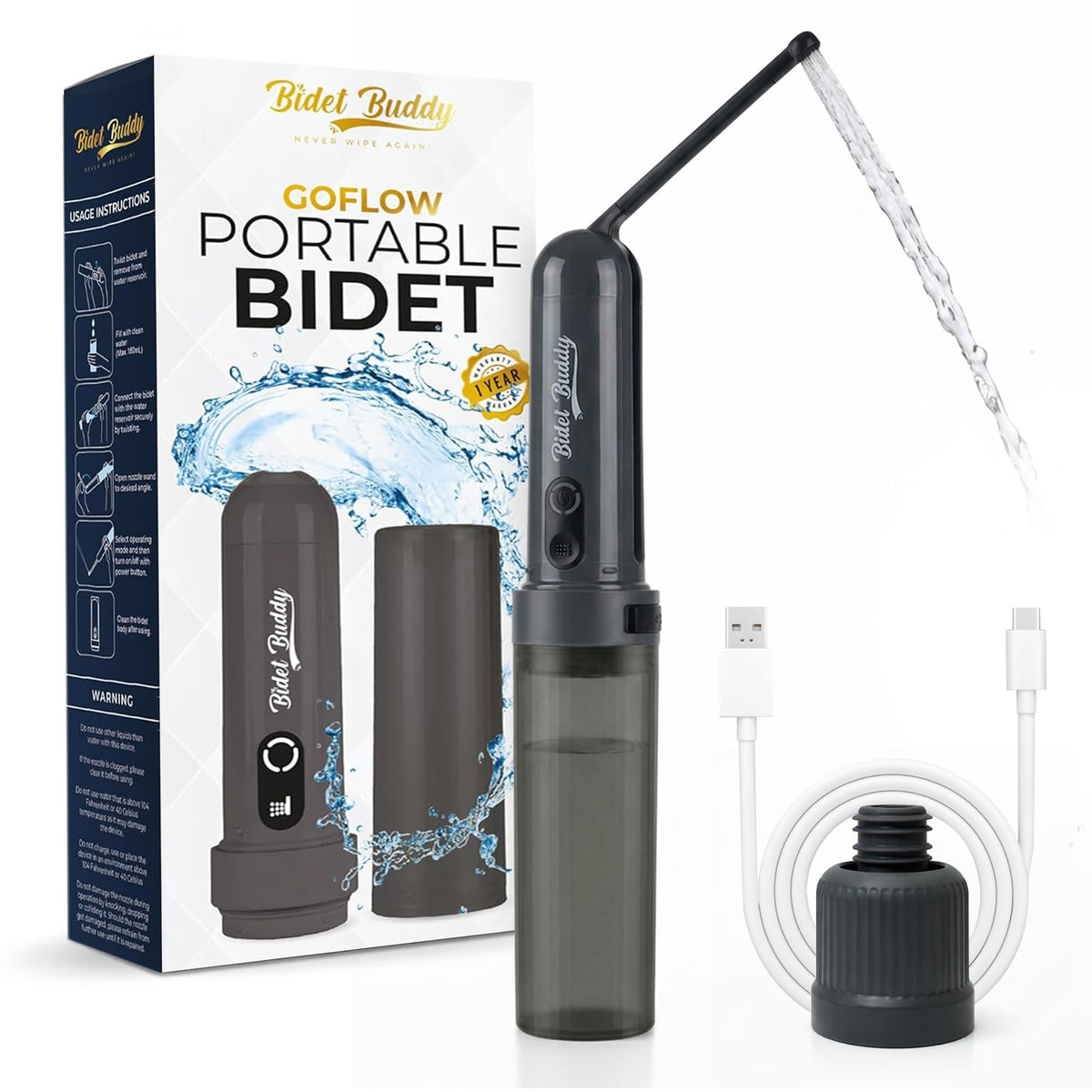 Bidet Buddy GoFlow Portable Bidet for Travel - 180mL Bottle Obsidian Drift – Obsidian Drift, ABS Plastic, 800mAh 500mAh 