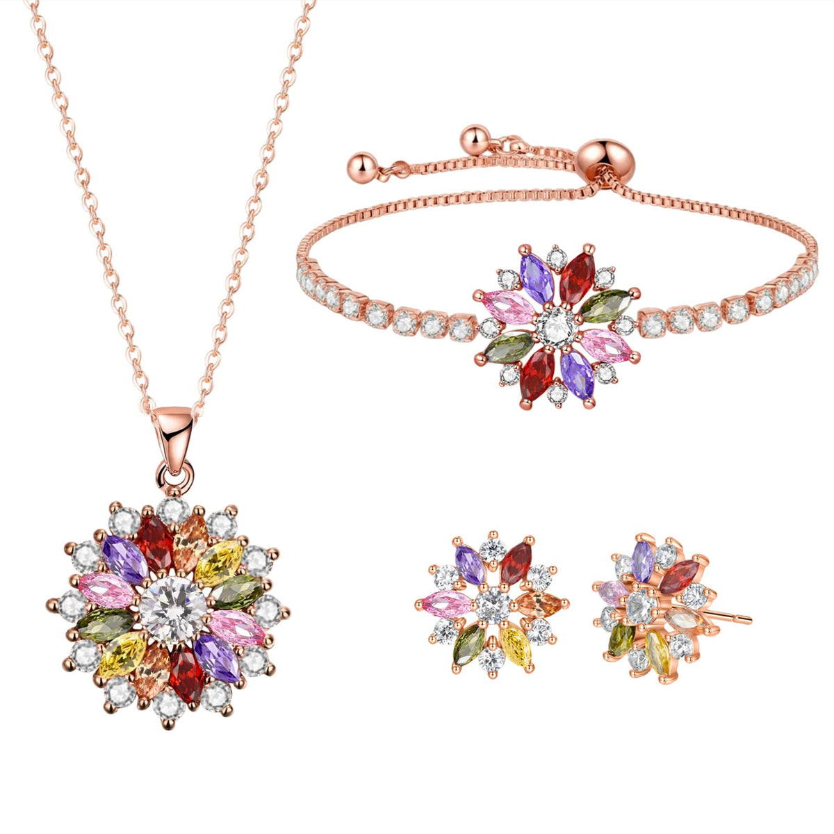 VONSSY Jewelry Set for Women Colorful Snowflake Necklace Earrings Bracelet – Rose Gold, Metal