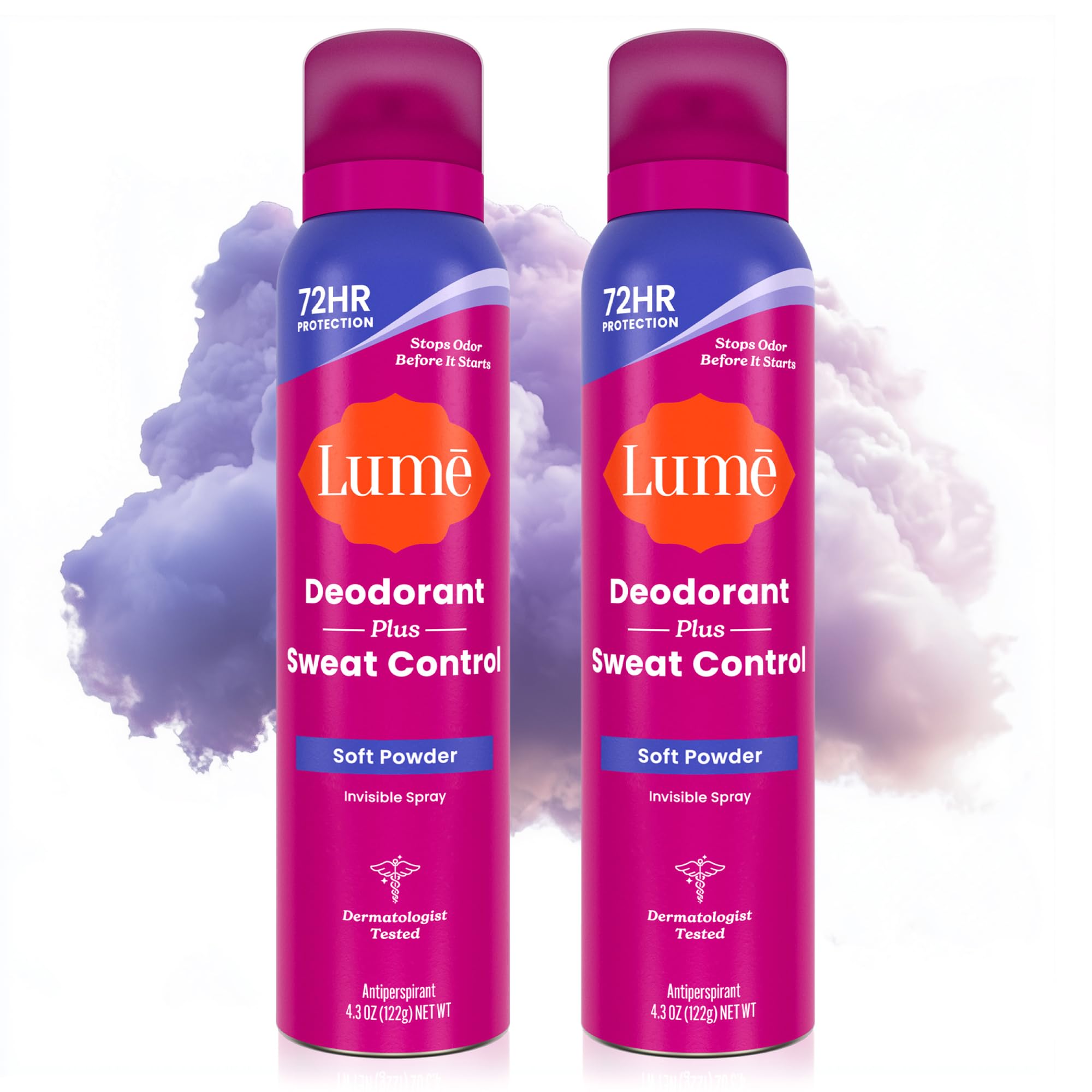 Lume Sweat Control Deodorant Spray in soft powder scent, 2-pack, natural body deodorant for odor protection and freshness.
