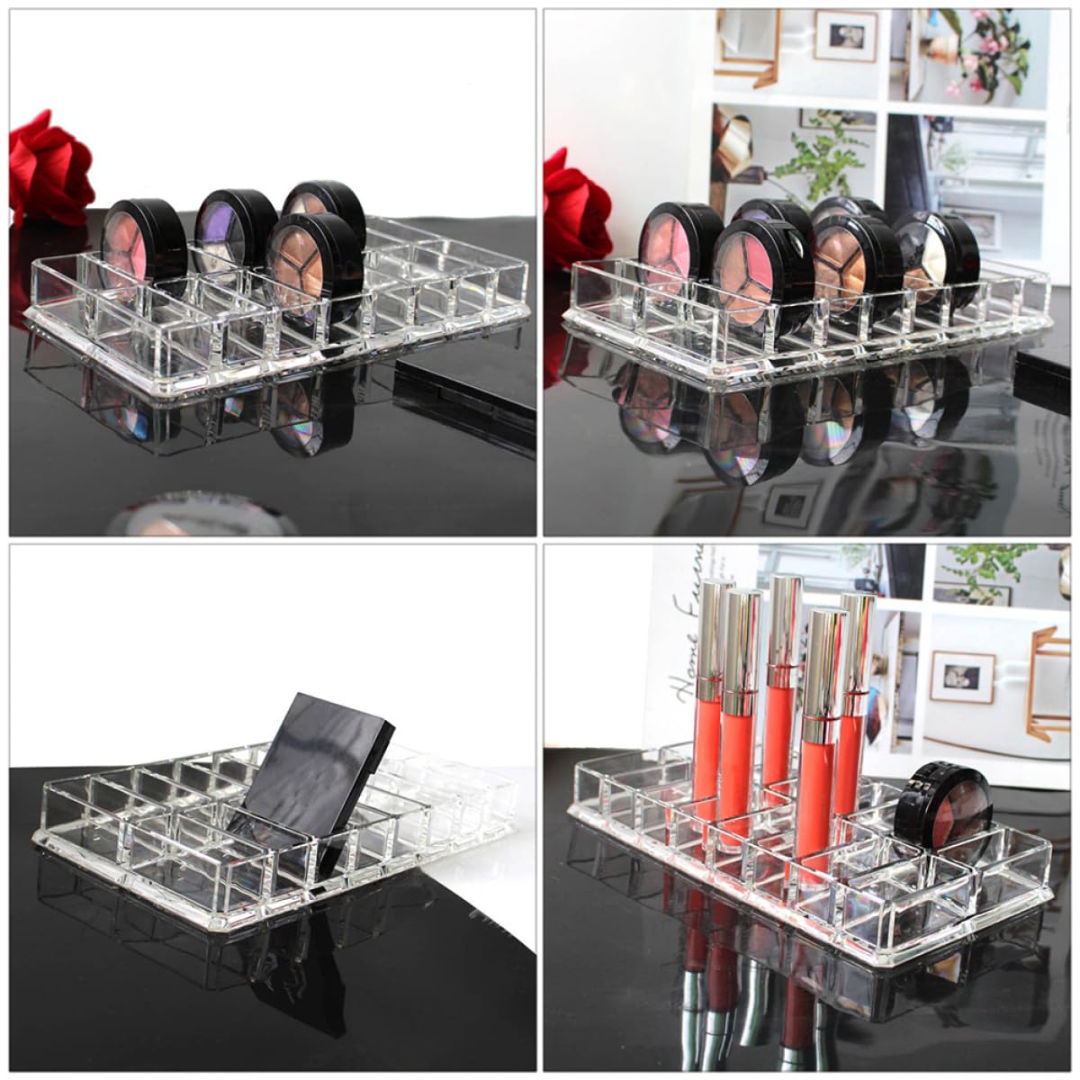 TEHAUX acrylic makeup display case with 16-grid double-row caddy for compact powders and cosmetics on vanity table.