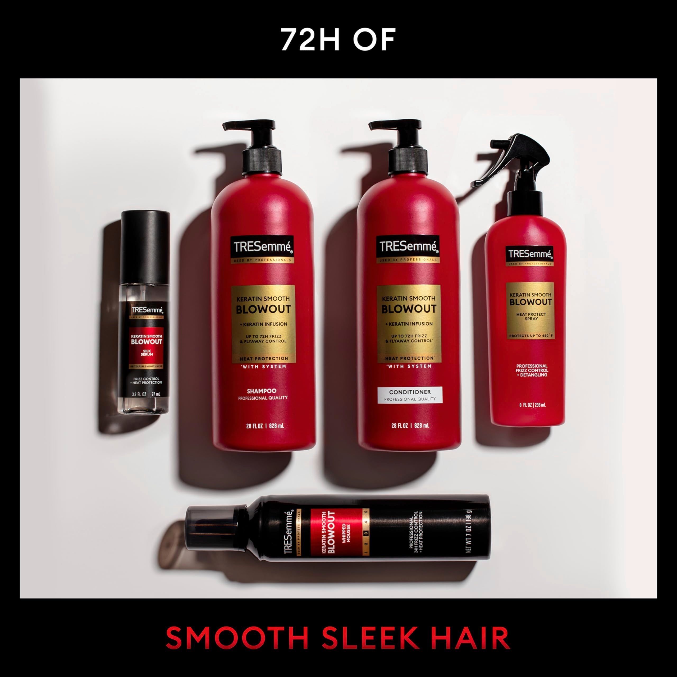 TRESemmé Keratin Smooth Conditioner 28 oz, four bottles, shown in a row, for silky, smooth hair.