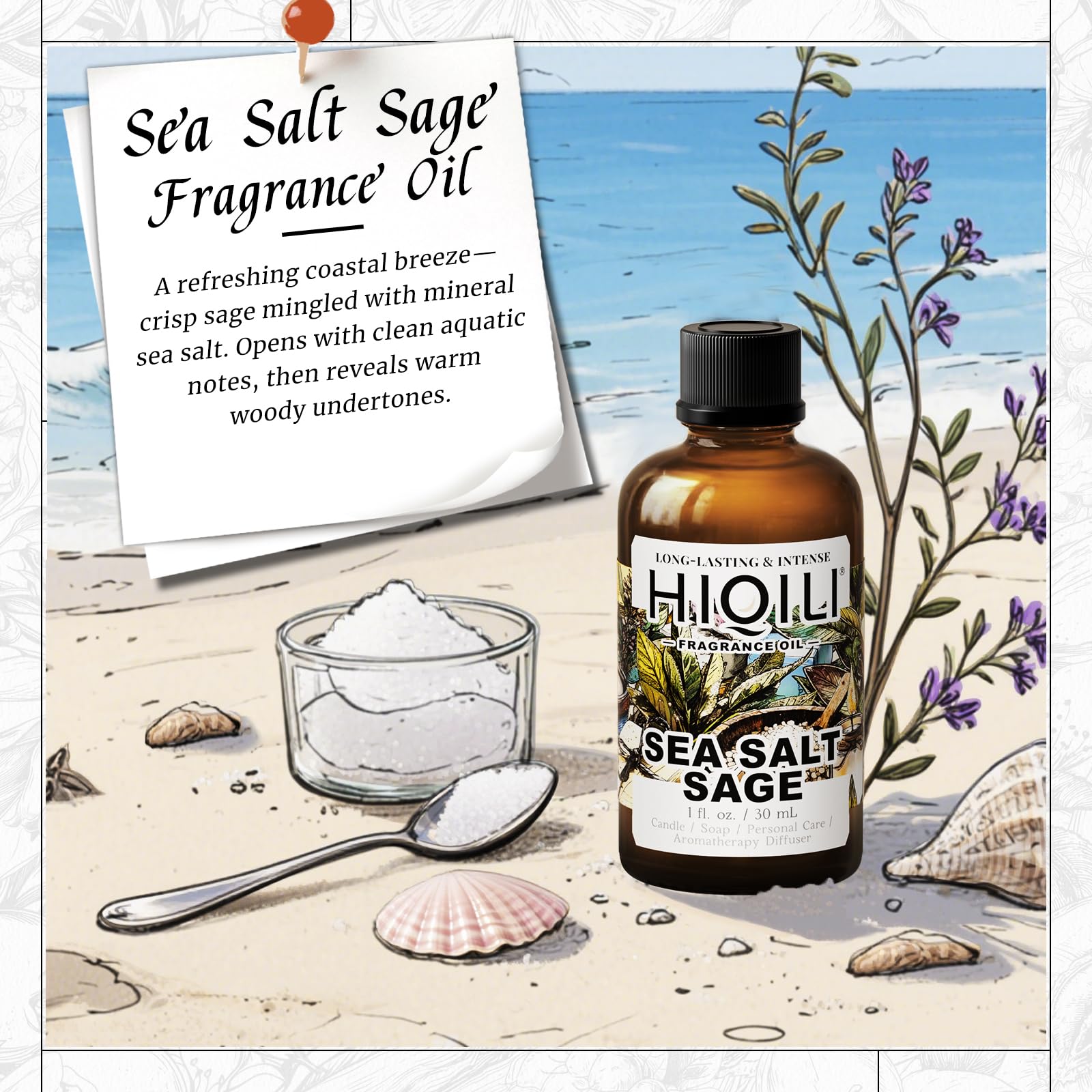 HIQILI Sea Salt Sage Fragrance Oil for Diffuser Use, DIY Perfume - 1 Fl Oz