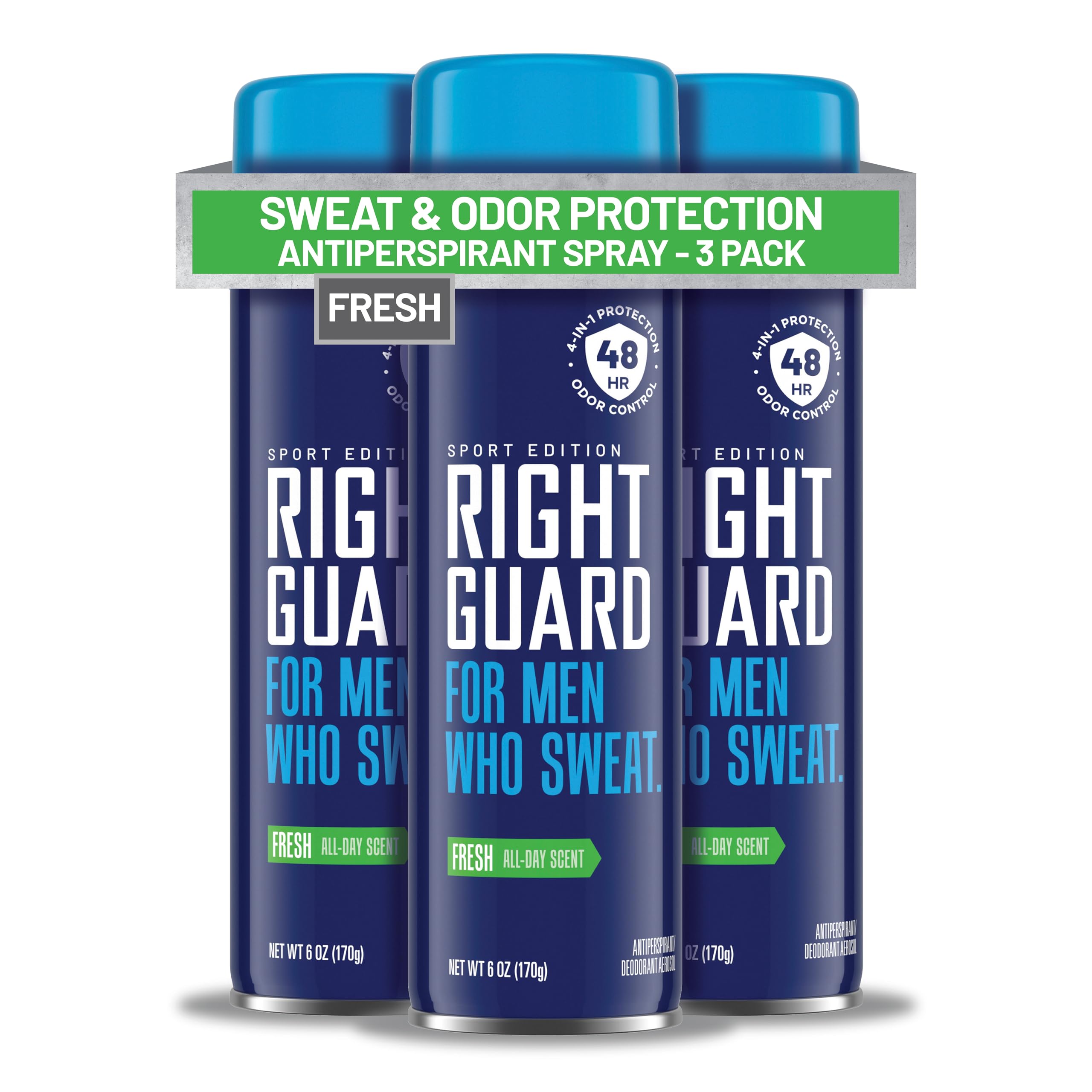 Right Guard Sport Fresh Scent antiperspirant spray for men, 6oz, 3-pack, quick-drying deodorant with 48-hour odor and sweat protection.