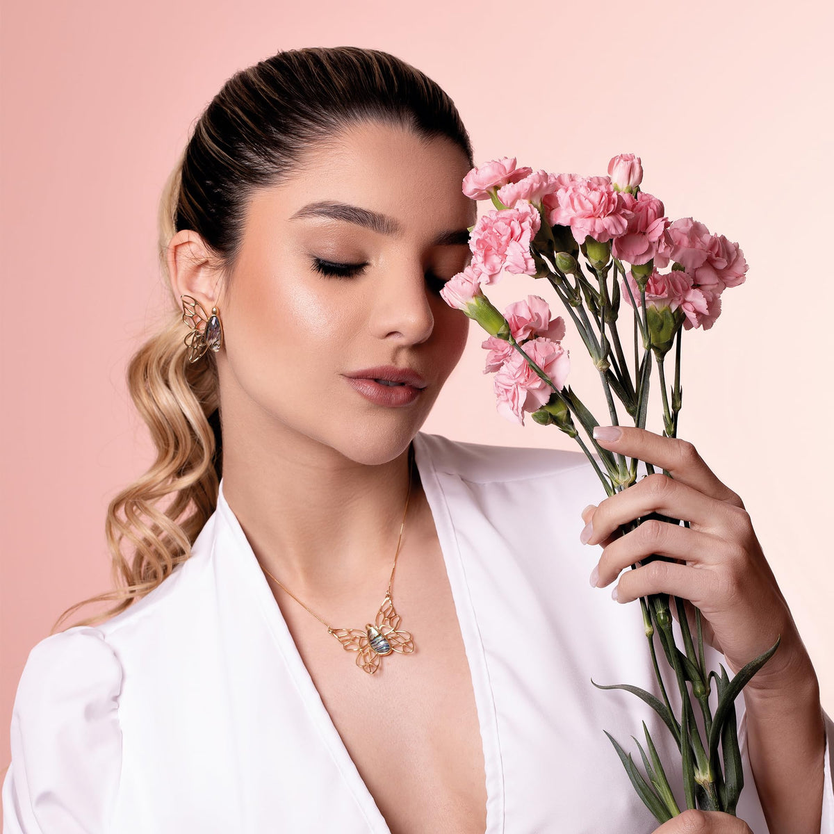 14k Gold Plated Abalone Butterfly Necklace and Earring Set - POSSEBON NATURAL STONES Official Imagery - 3