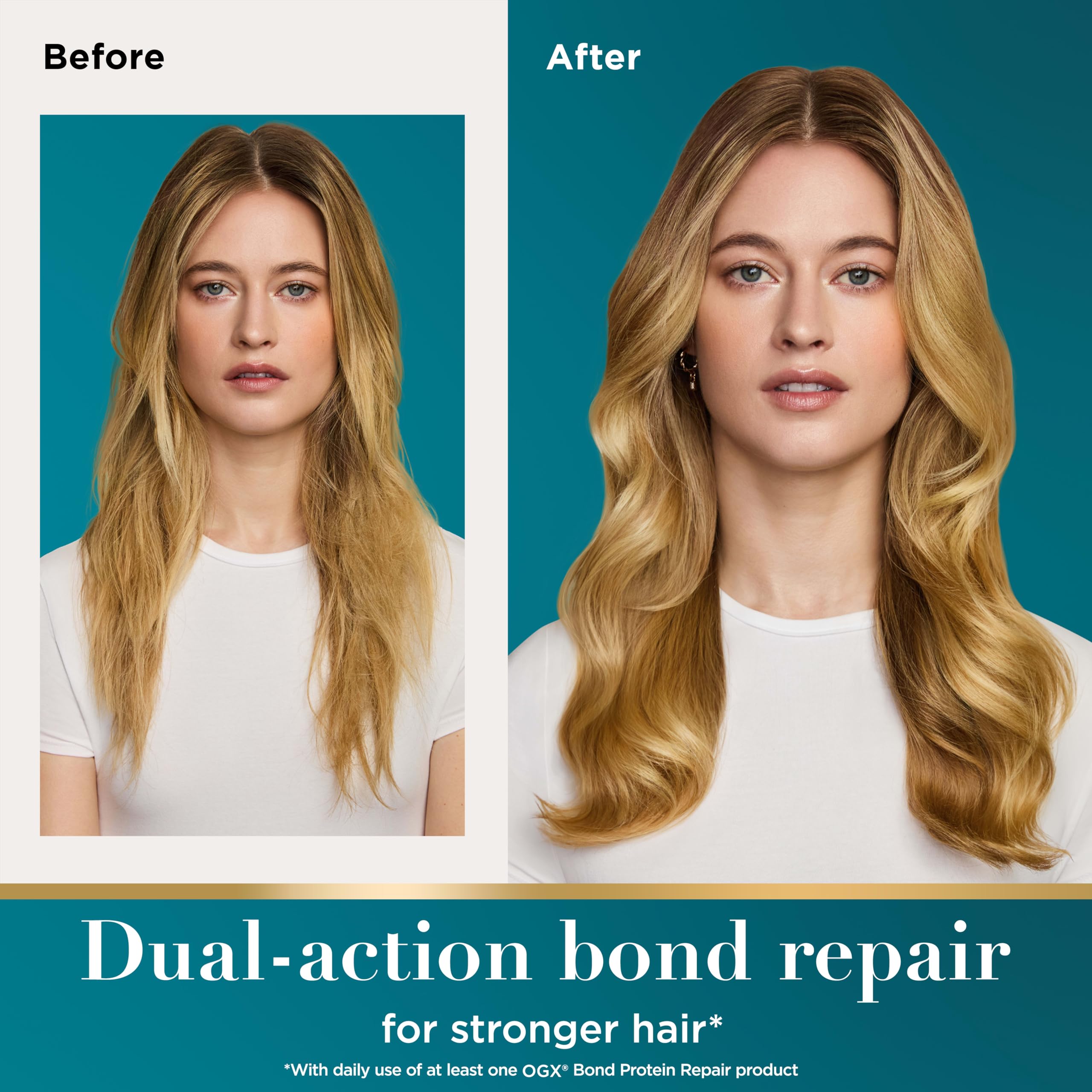 OGX Bond Protein Heat Protect Spray for hair, 6.5 fl oz, showing the bottle and spray nozzle for styling protection up to 450°F.