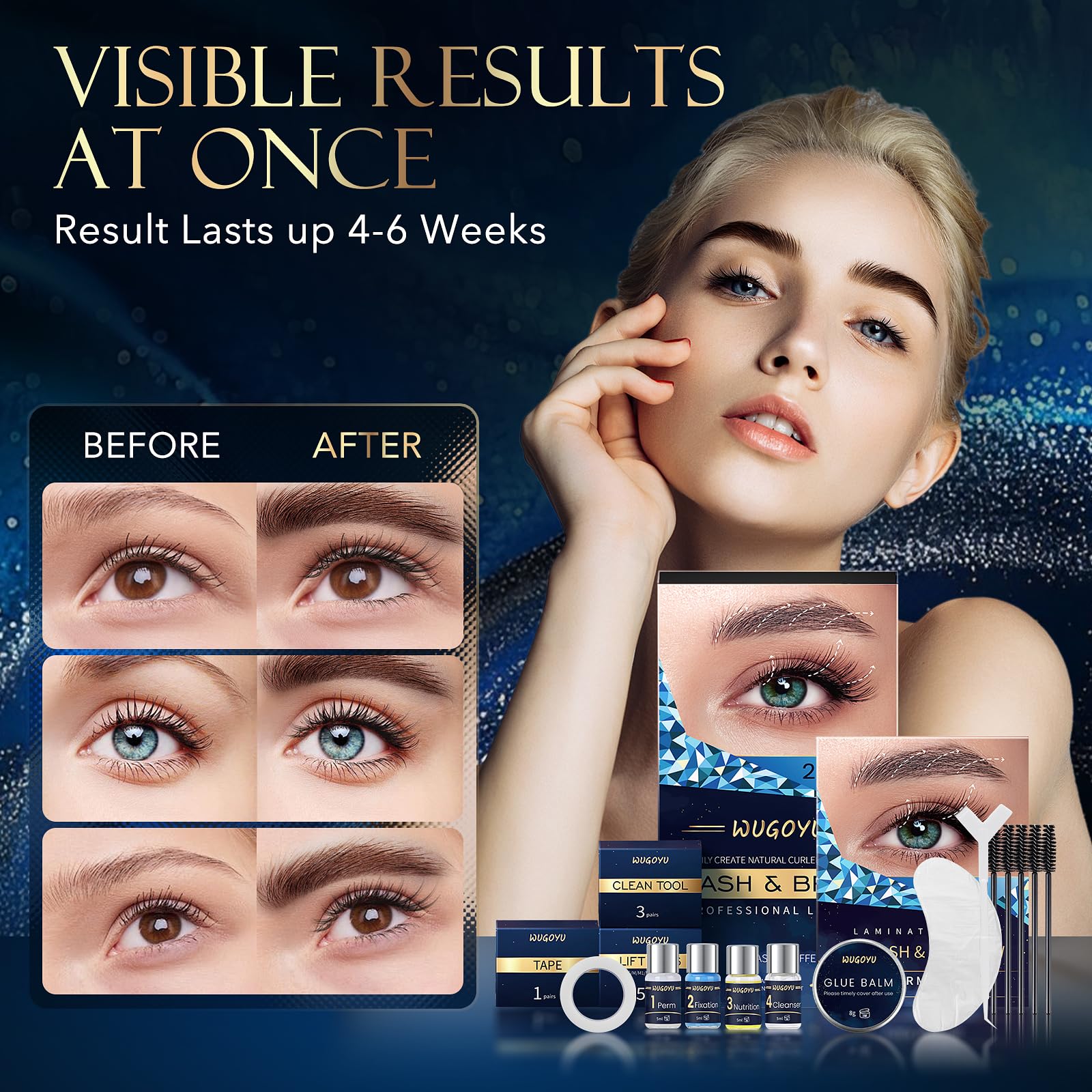 WUGOYU lash lift and eyebrow lamination kit with eyelash perm tools, adhesive, and gel for professional and home use.