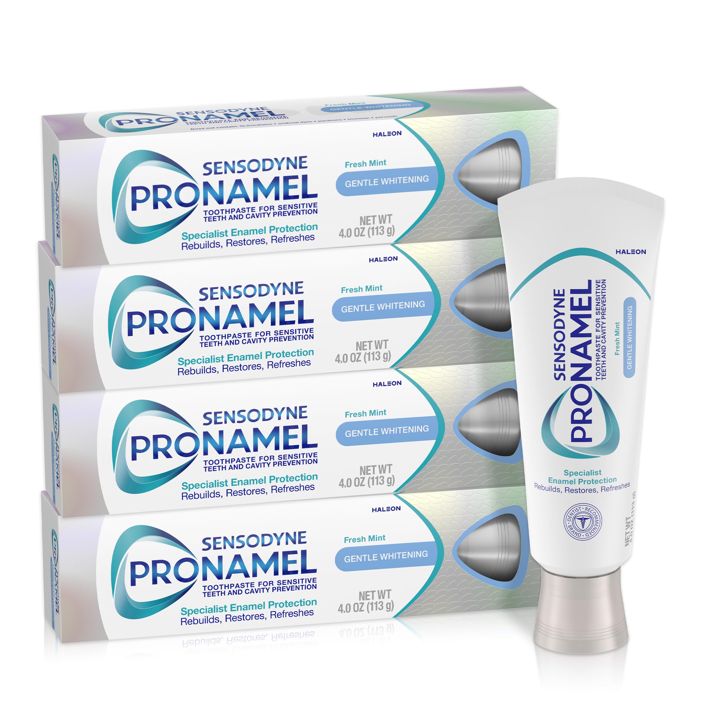 Sensodyne Pronamel Gentle Whitening Toothpaste 4-pack, whitening and protecting toothpaste for sensitive teeth, in a box with four tubes