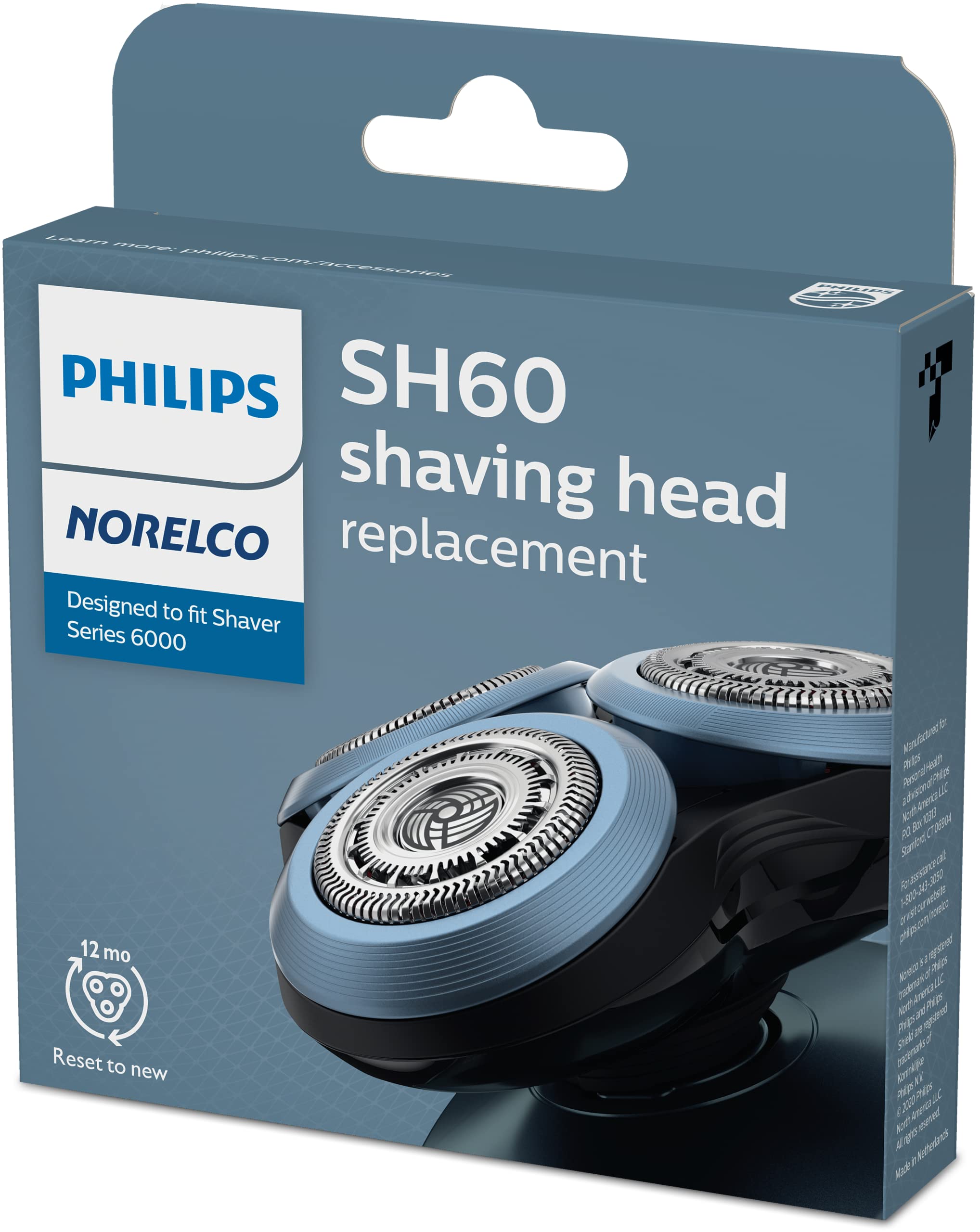 Philips Norelco SH60/72 replacement shaver heads 3-pack for electric shaver, showing close-up of the shaver heads and blades.