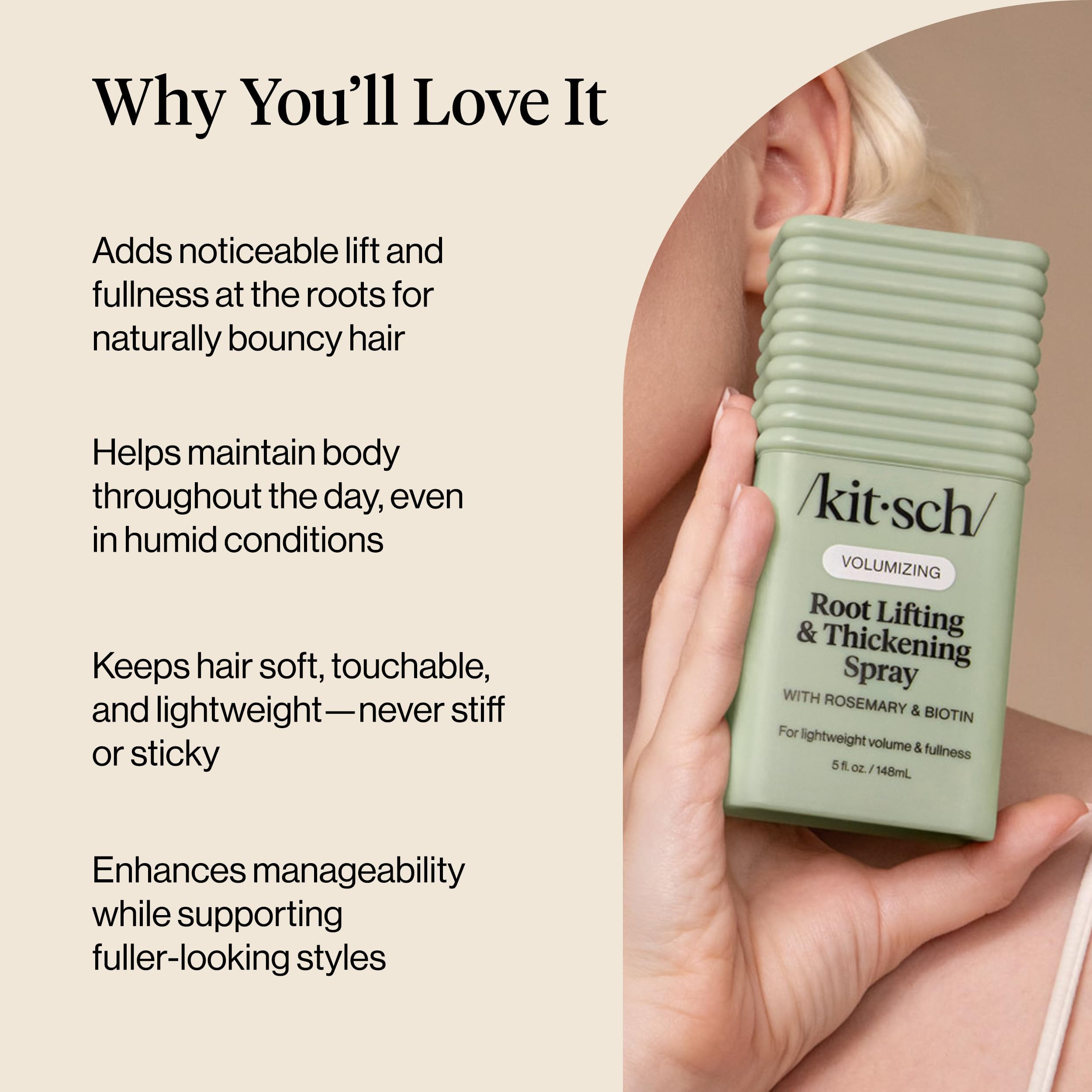 Kitsch Root Lifting & Thickening Spray in 5oz bottle, hair styling agent for volume and fullness, displayed on a neutral background