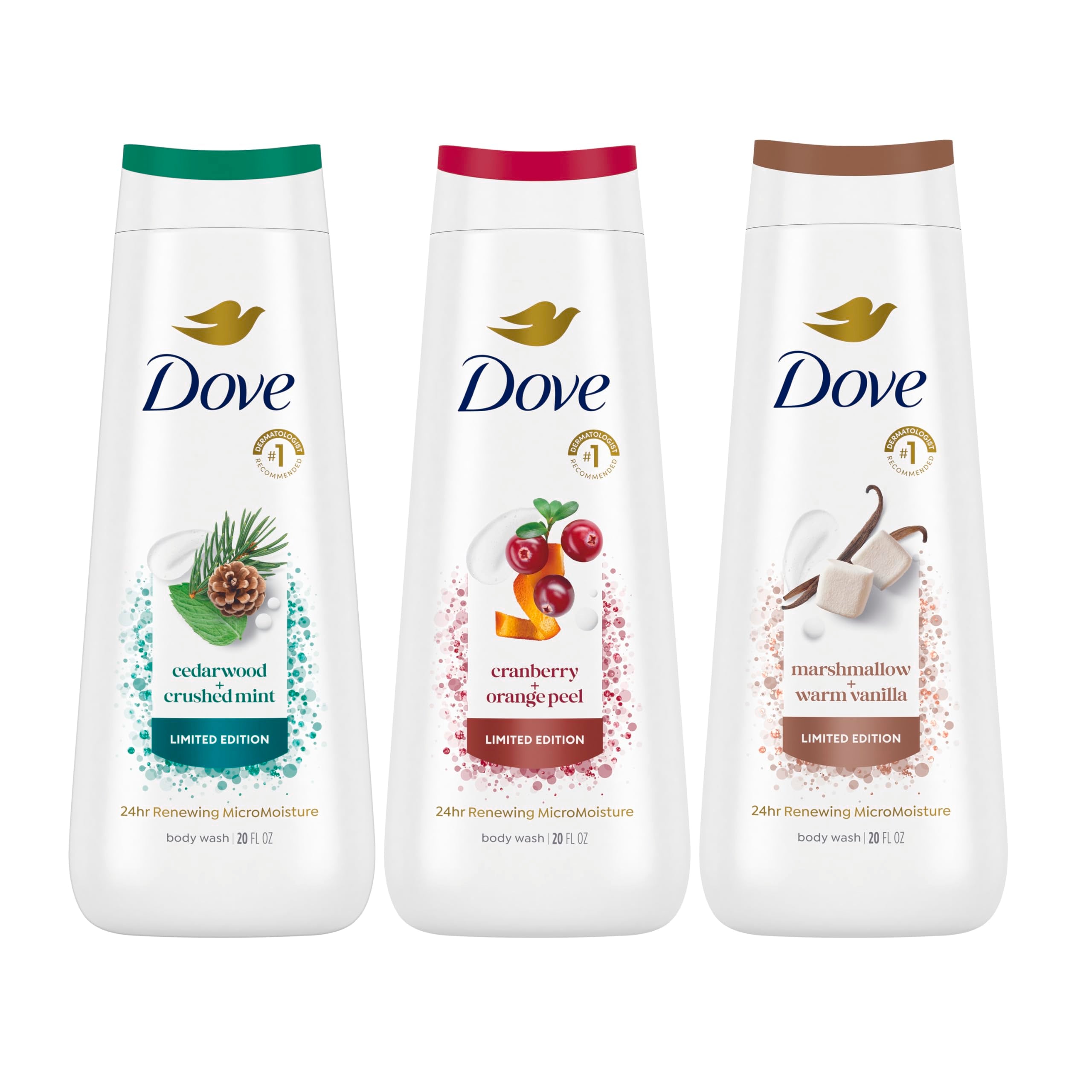 Dove Body Wash 3-pack with gentle skin cleanser for renewed, healthy-looking skin and 24-hour moisturization.