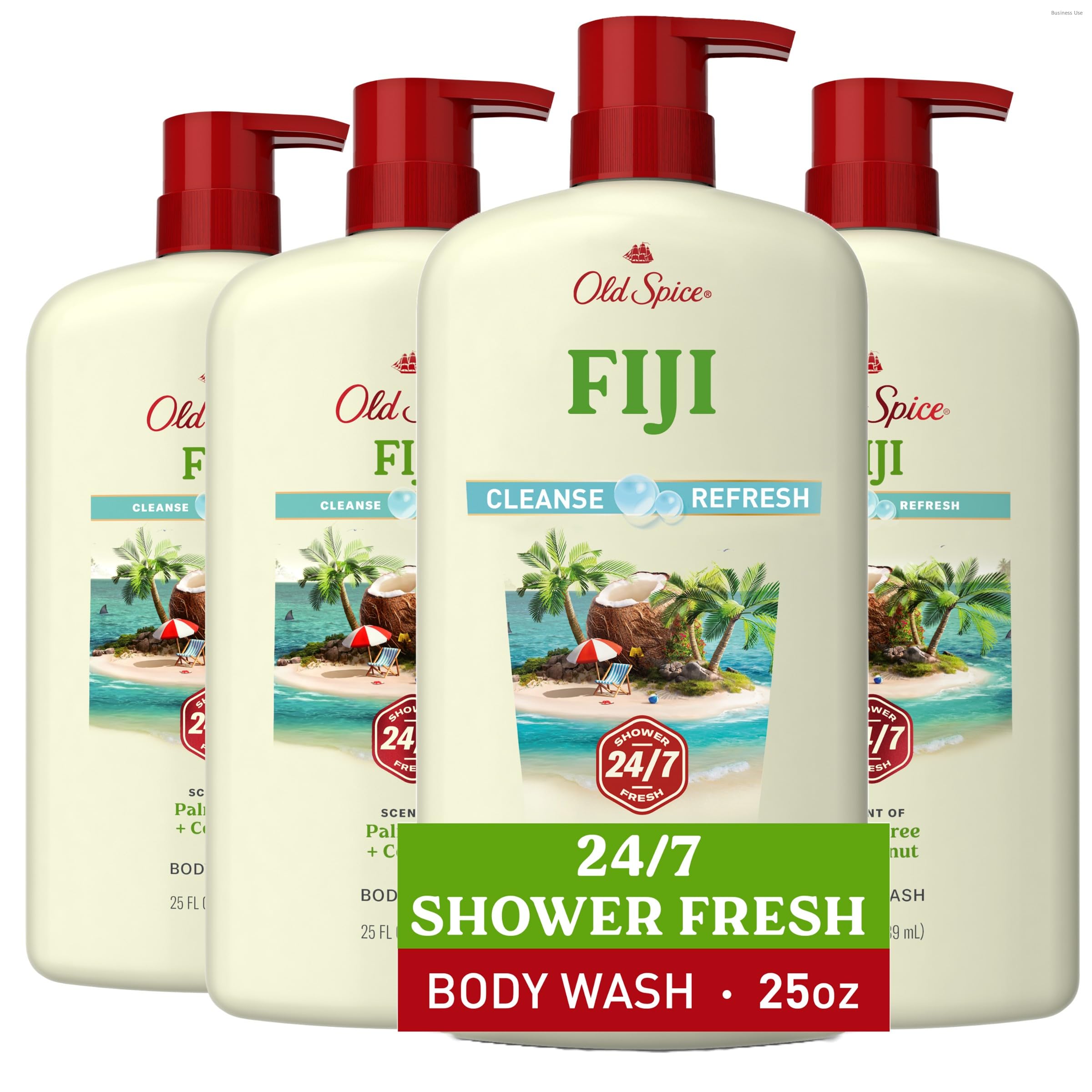 Old Spice 24/7 Shower Fresh body wash for men with coconut and palm scent, 25 oz bottles, pack of four, gentle and refreshing.