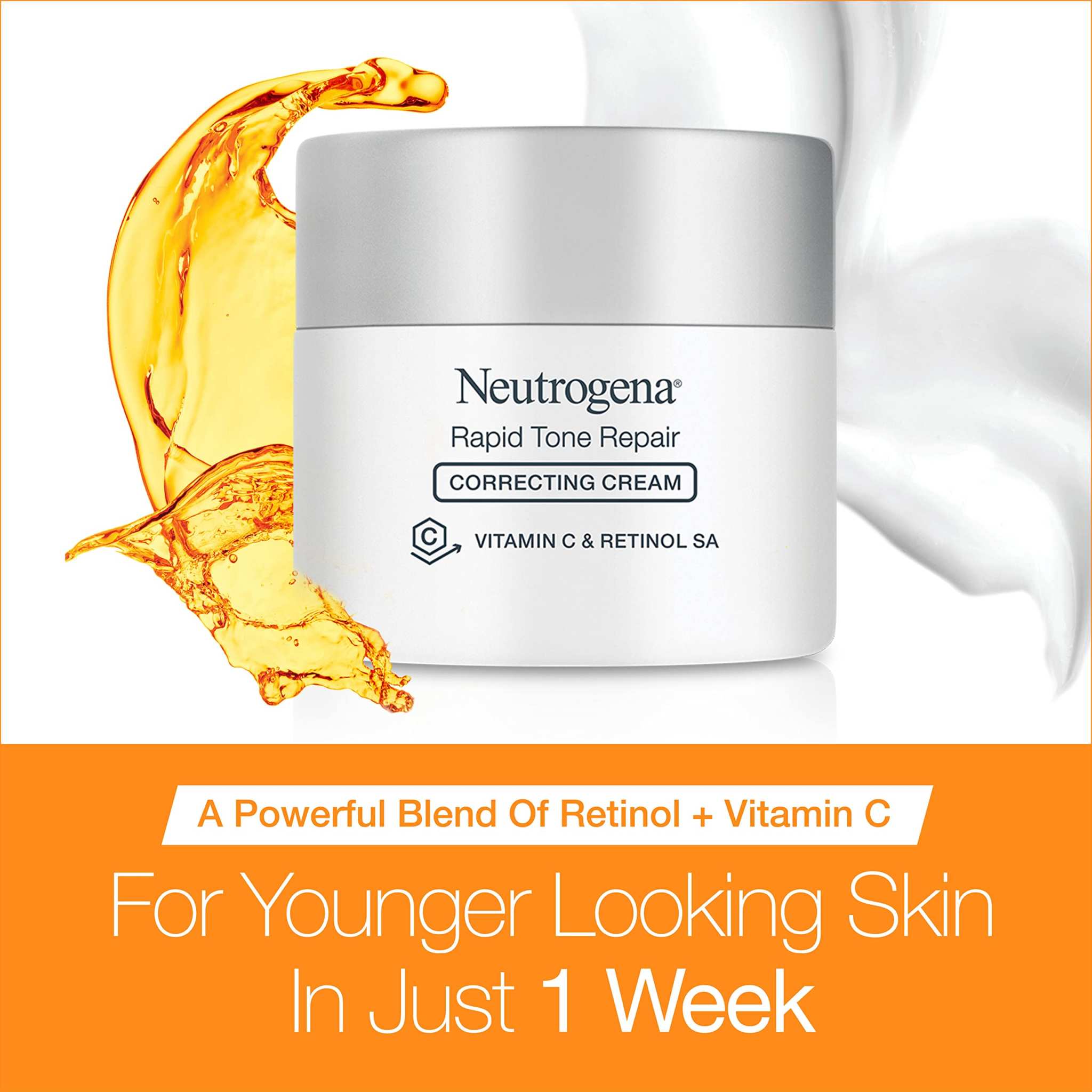 Neutrogena Rapid Tone Repair moisturizer with retinol and vitamin C in a 1.7oz jar, designed to improve skin brightness and texture.