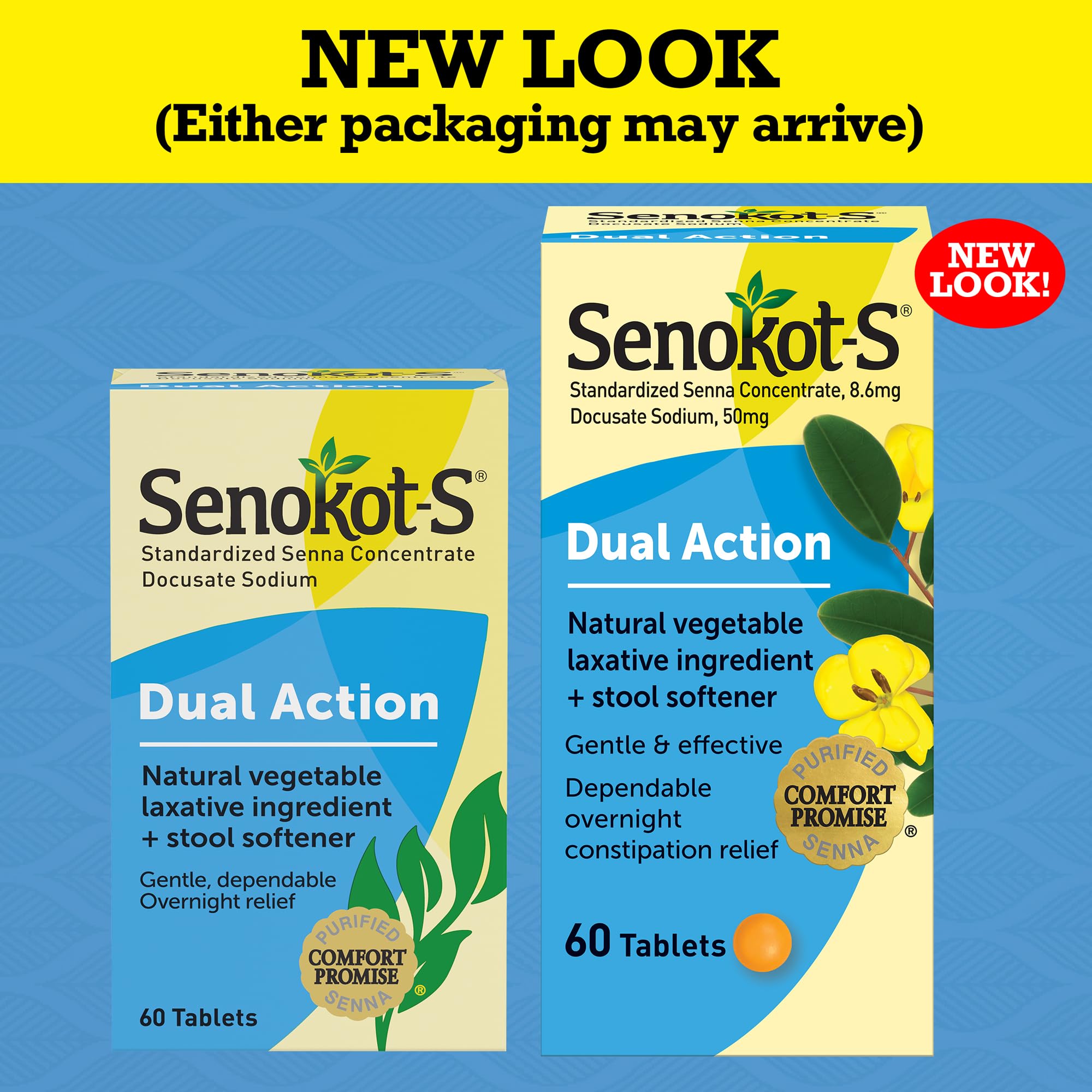 Senokot-S Dual Action 60 Tablets, Natural Vegetable Laxative Ingredient Plus Stool Softener Tablets, Gentle Dependable Overnight Relief of Occasional constipation White