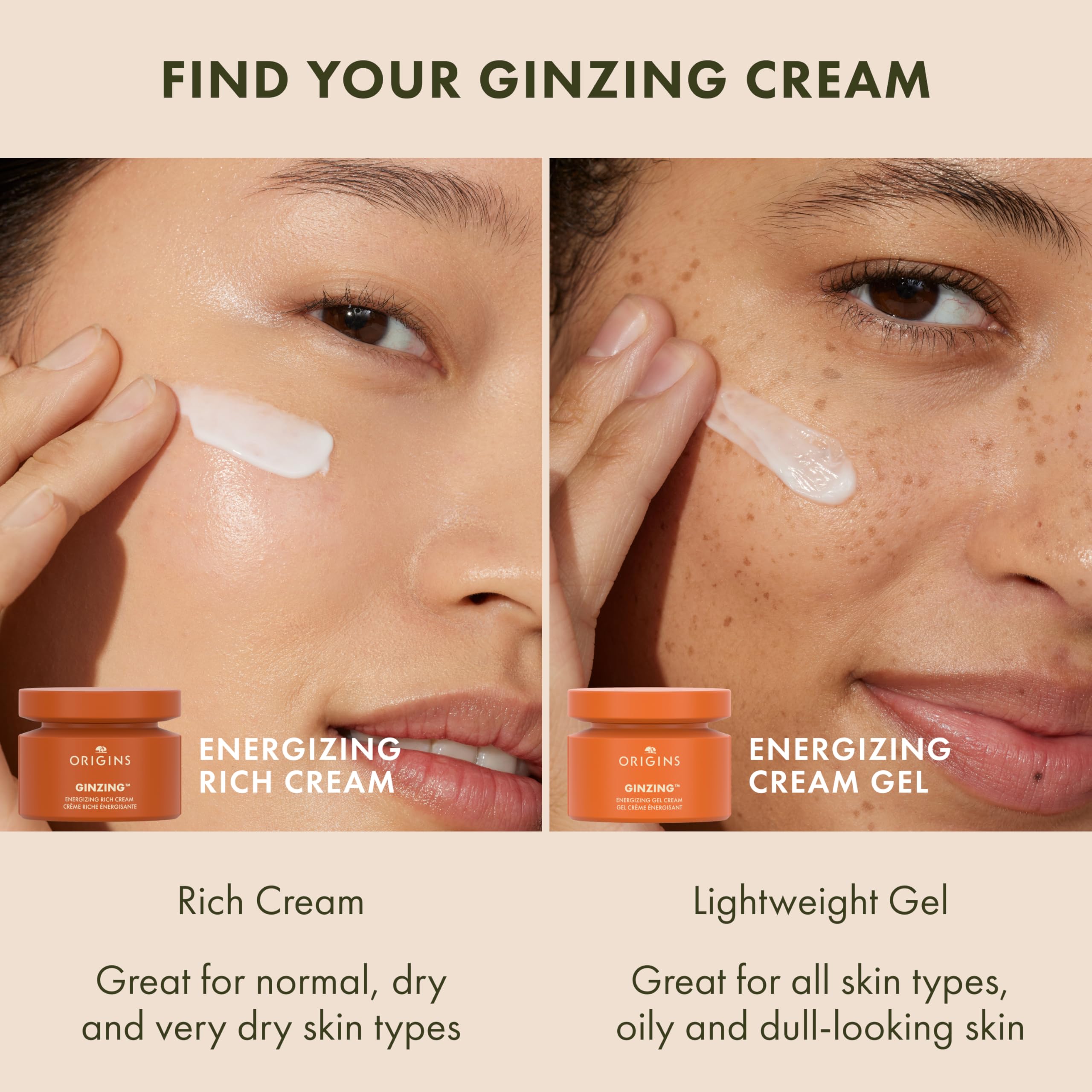 Origins GinZing Energizing Rich Cream face moisturizer for dry skin with niacinamide, caffeine, and ginseng, 1.7 fl oz bottle.