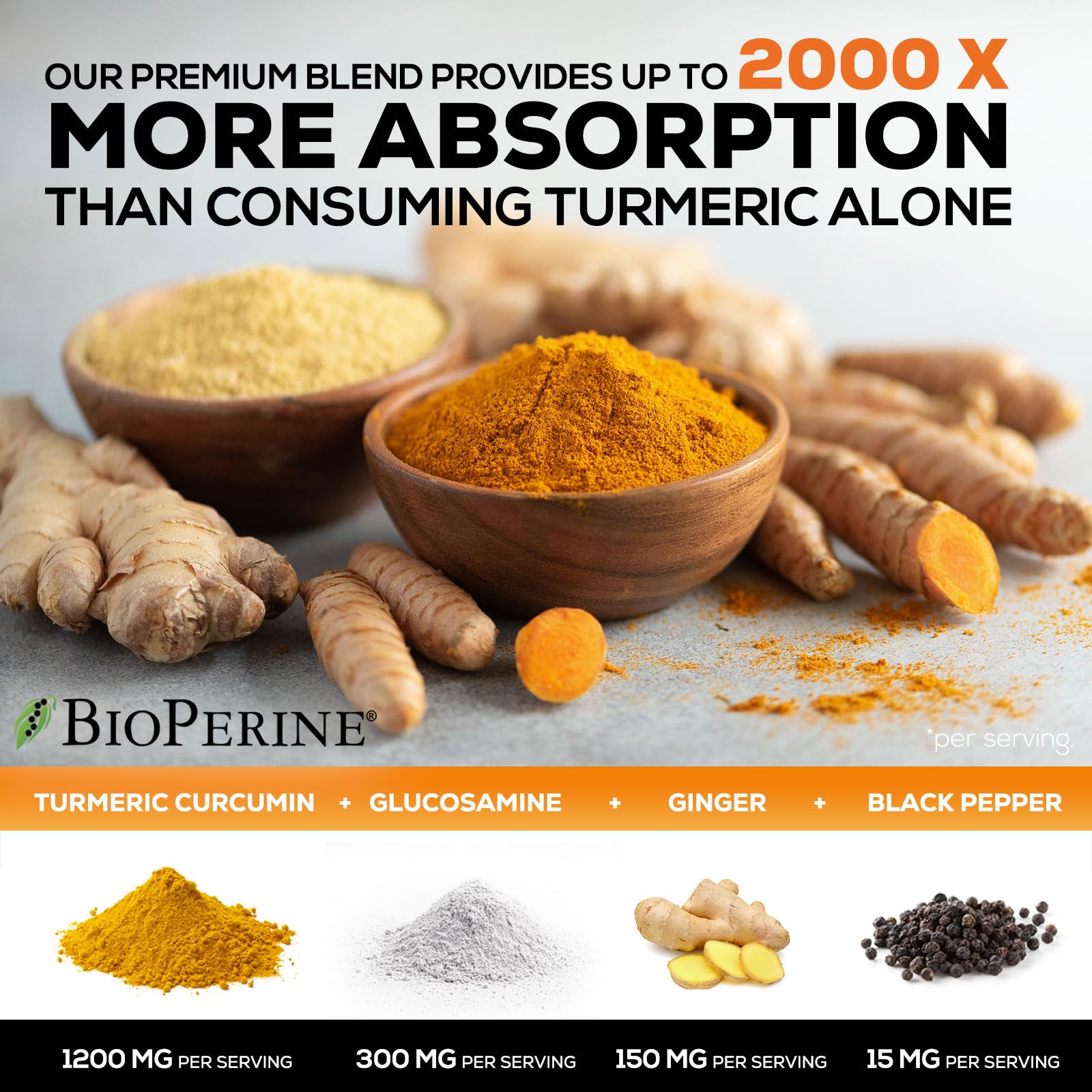 Turmeric Curcumin Supplement - 95% Curcuminoids with Glucosamine, Ginger & MSM, BioPerine Black Pepper Extract for Best Absorption, Natural Vegan Joint Support, Non-GMO, Bottled in USA - 240 Capsules