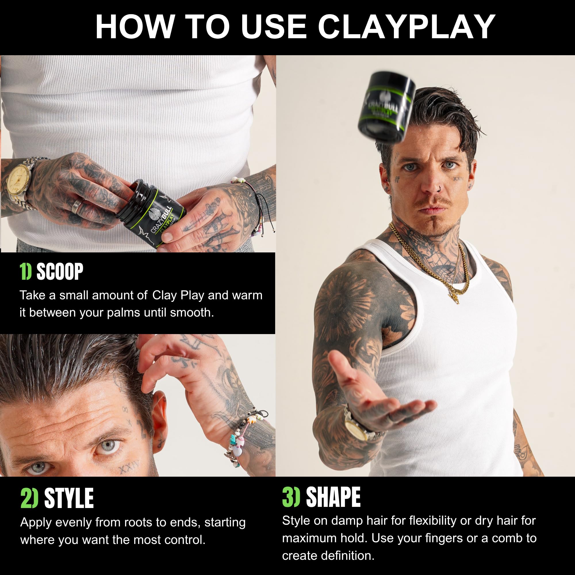 Crazy Bull Hair Play Medium Hold Clay with volcanic ash, vegan-friendly hair styling clay for men, 3.38 oz container.