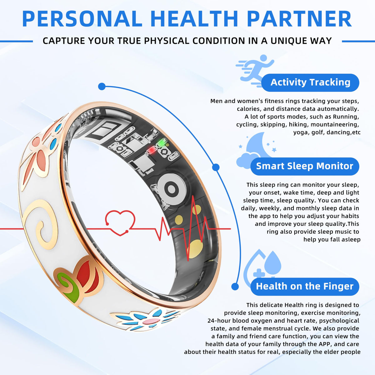 Fuomuto Smart Ring | No Subscription Health Tracker Enamel Color Size7 – full view