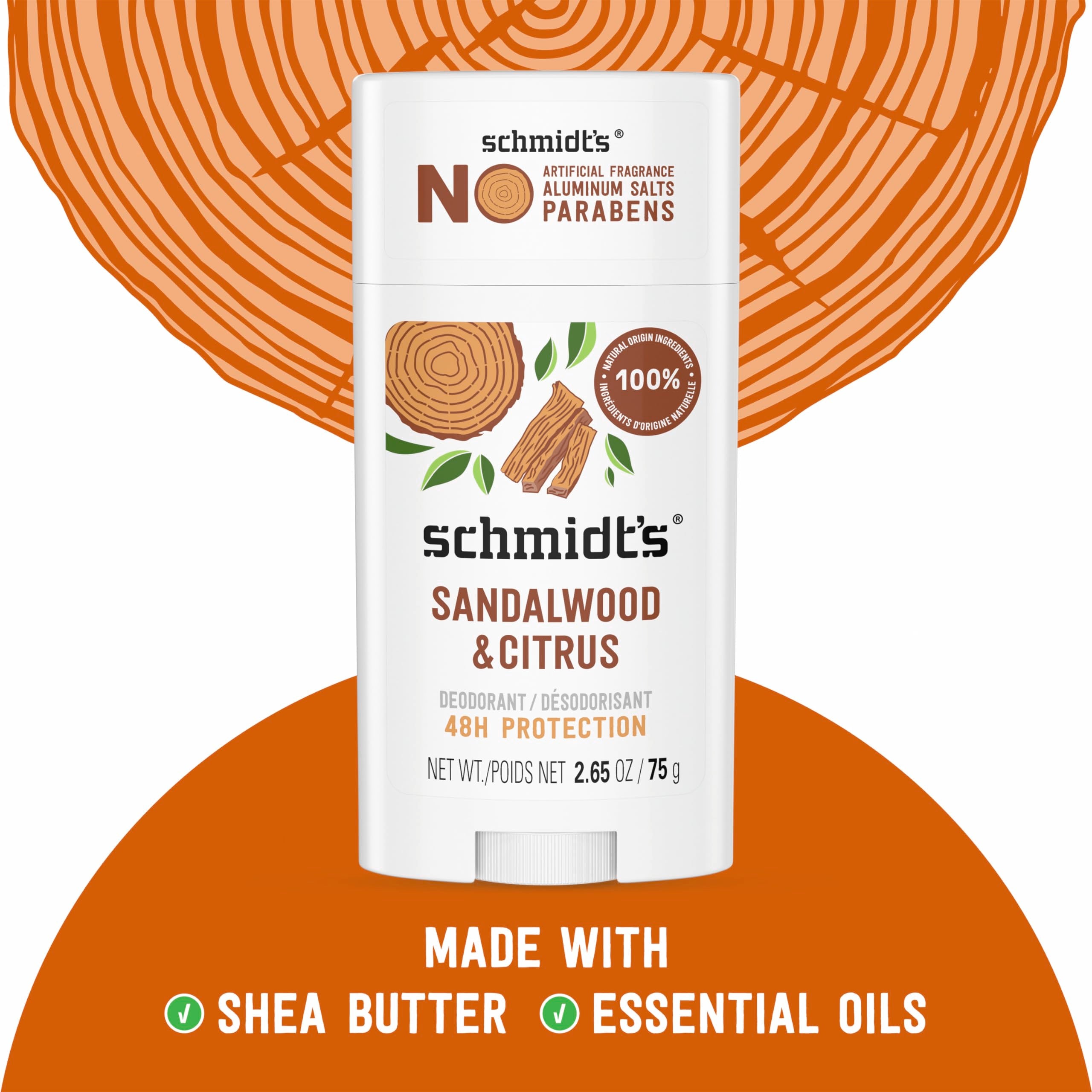 Schmidt's Natural Deodorant Sandalwood & Citrus 2-pack, body deodorant sticks with warm sandalwood and citrus scent, in packaging.