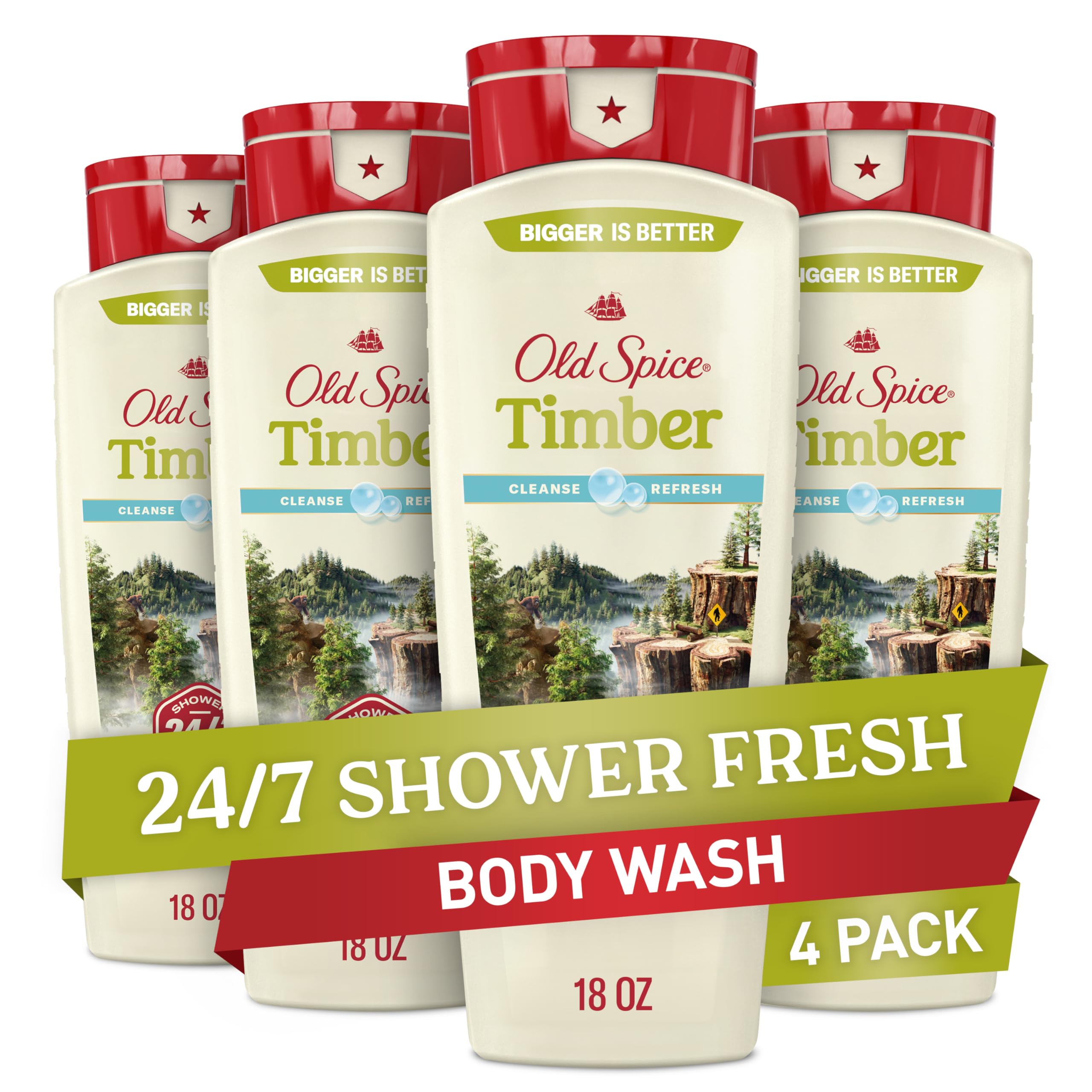 Old Spice Timber Sandalwood body wash bottles, 18 oz pack of four, skin cleaning agent with woodsy scent.