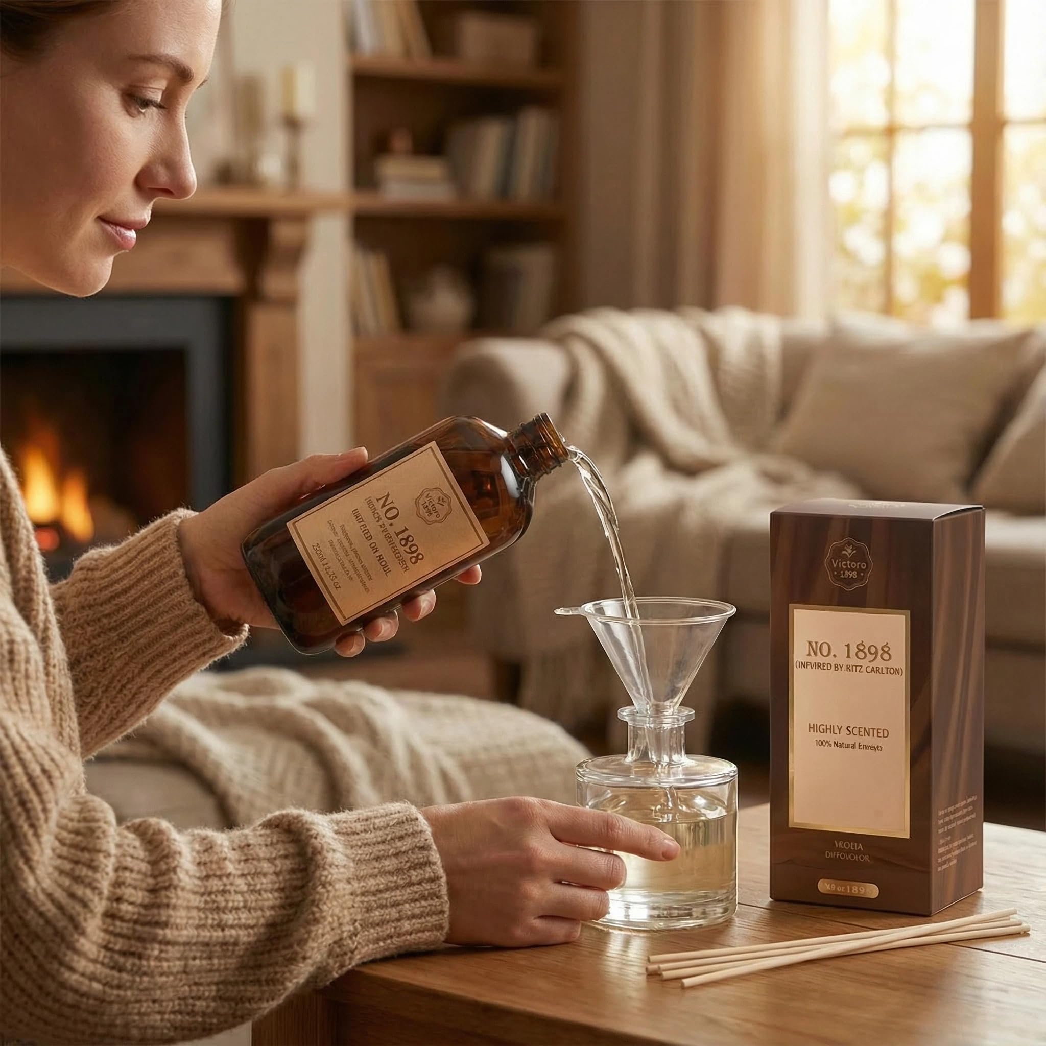 Vietora Eud luxury hotel reed diffuser oil refill in 8.5 fl oz bottle with essential oil for calming home or hotel ambiance.