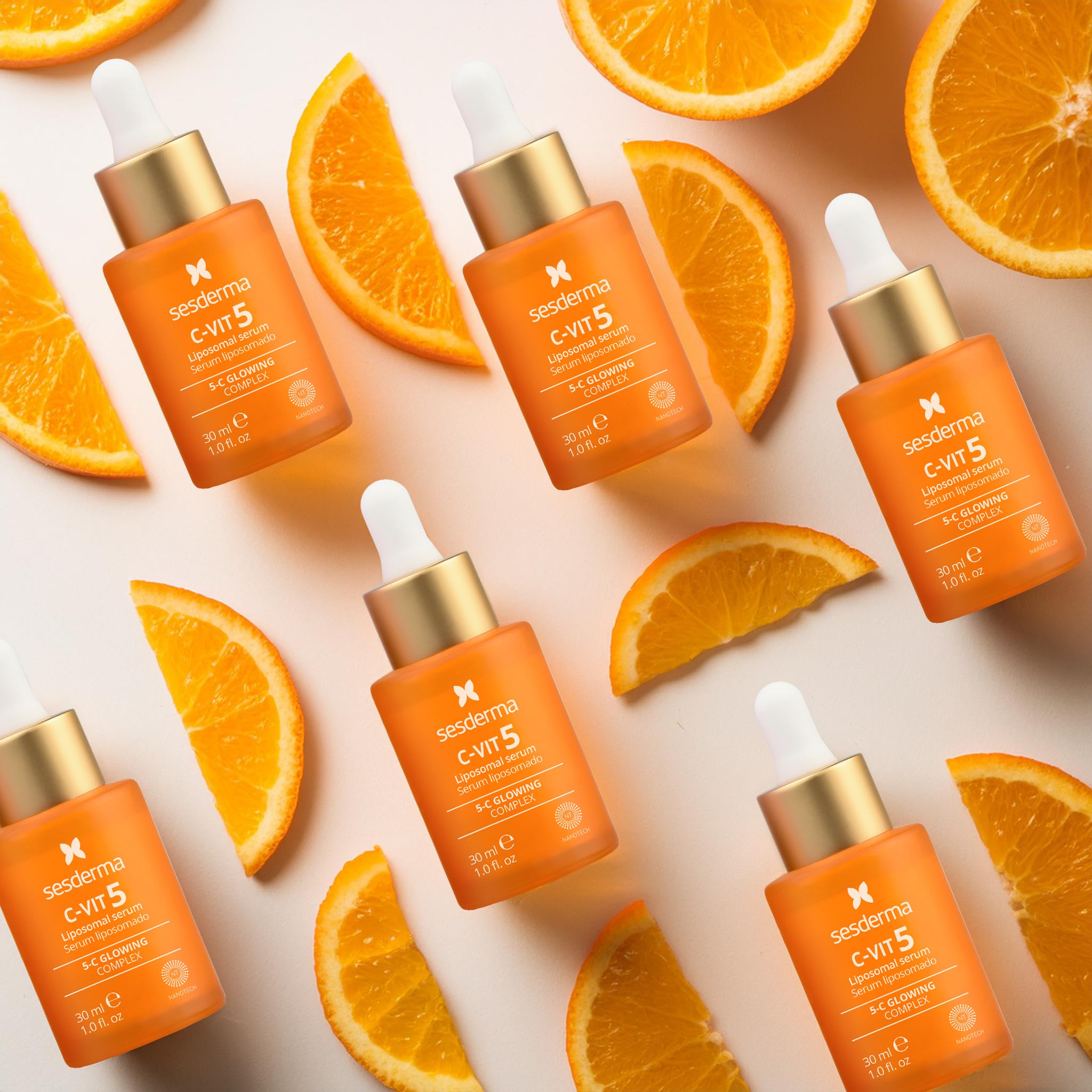 Sesderma C-VIT 5 Fusion Vitamin C serum in a 1 oz bottle, showcasing the skincare product with a focus on hydration and radiant glow.