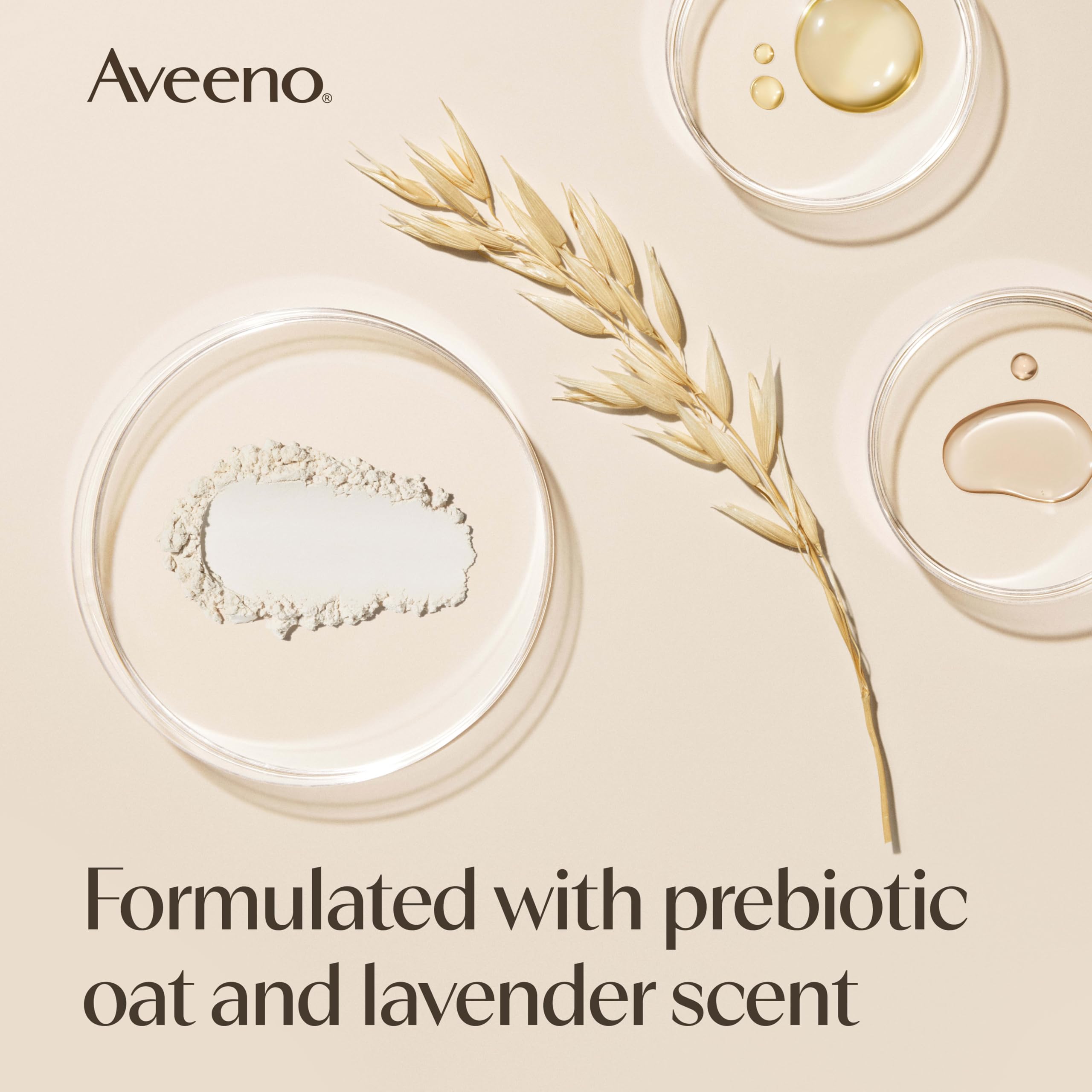 Aveeno Stress Relief Body Wash with lavender scent, nourishing prebiotic oat, suitable for sensitive skin, 33 oz bottle.