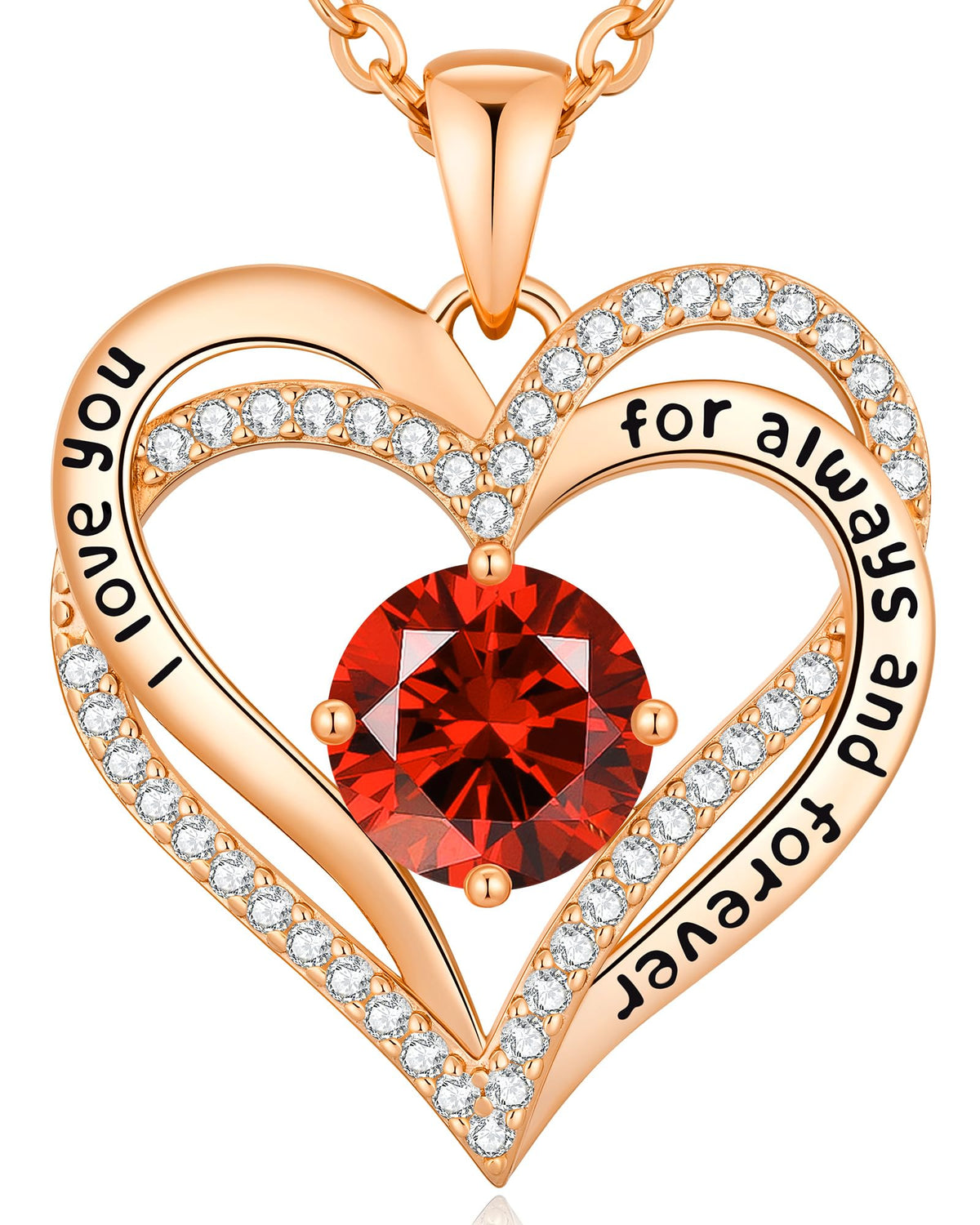 CDE 18K Rose Gold Heart Pendant Necklaces Gift, Birthstone Jewelry Gift – 01/07-Jan/Jul-Ruby Red