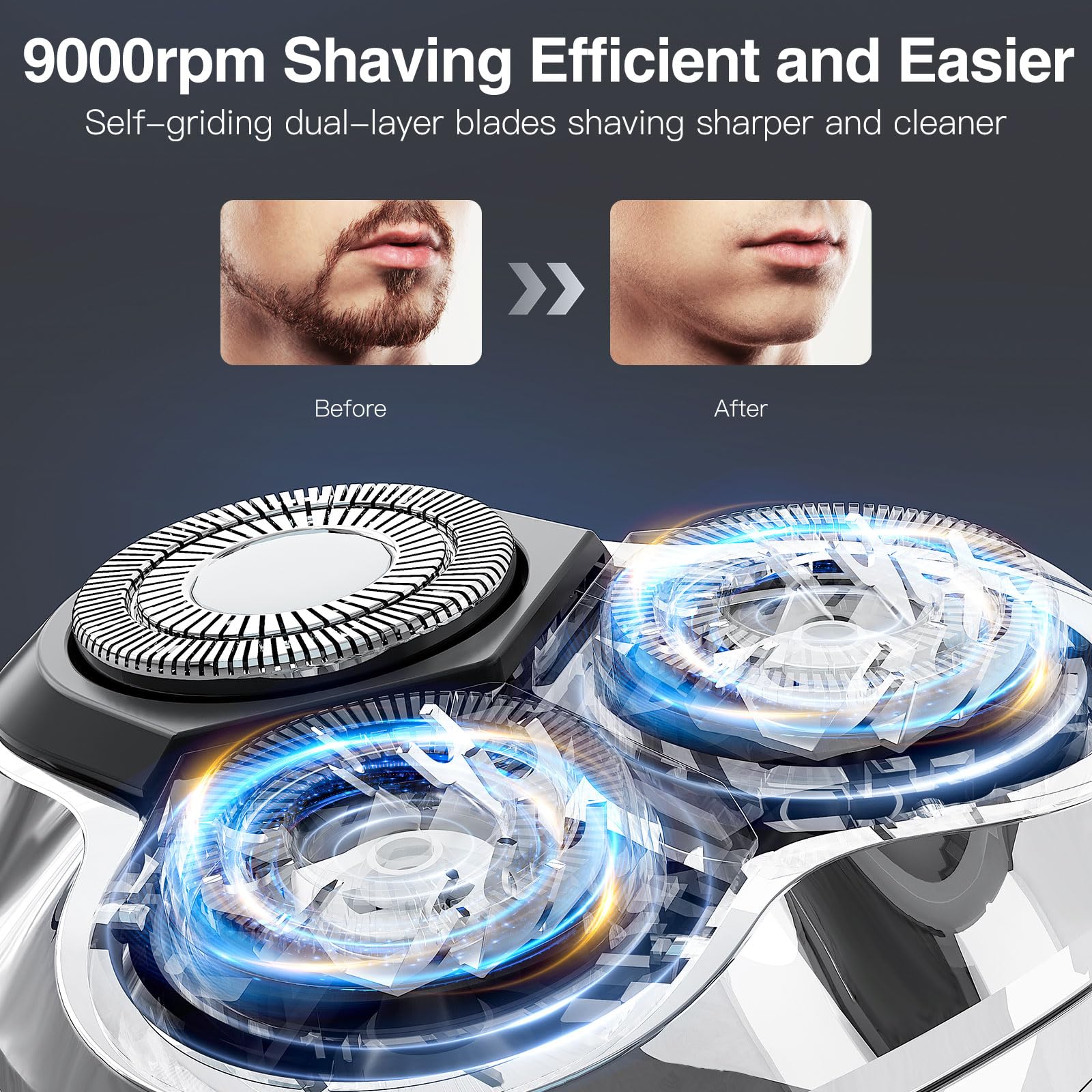 YIRISO electric razor for men with rotary blades and 9000 RPM motor, sleek black design perfect for close shaves.