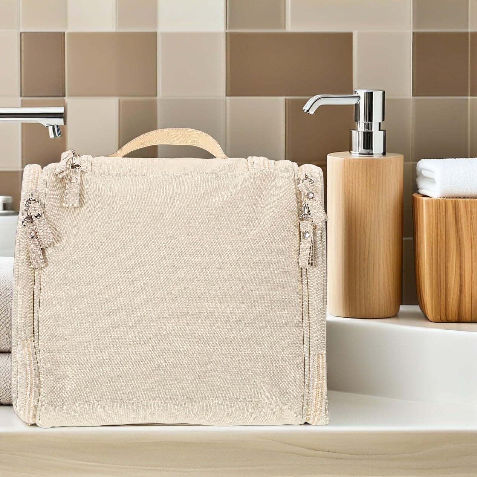Wakauto waterproof beige cosmetic case with handle, large travel toiletry bag for men and women, ideal for bathroom and shower essentials.
