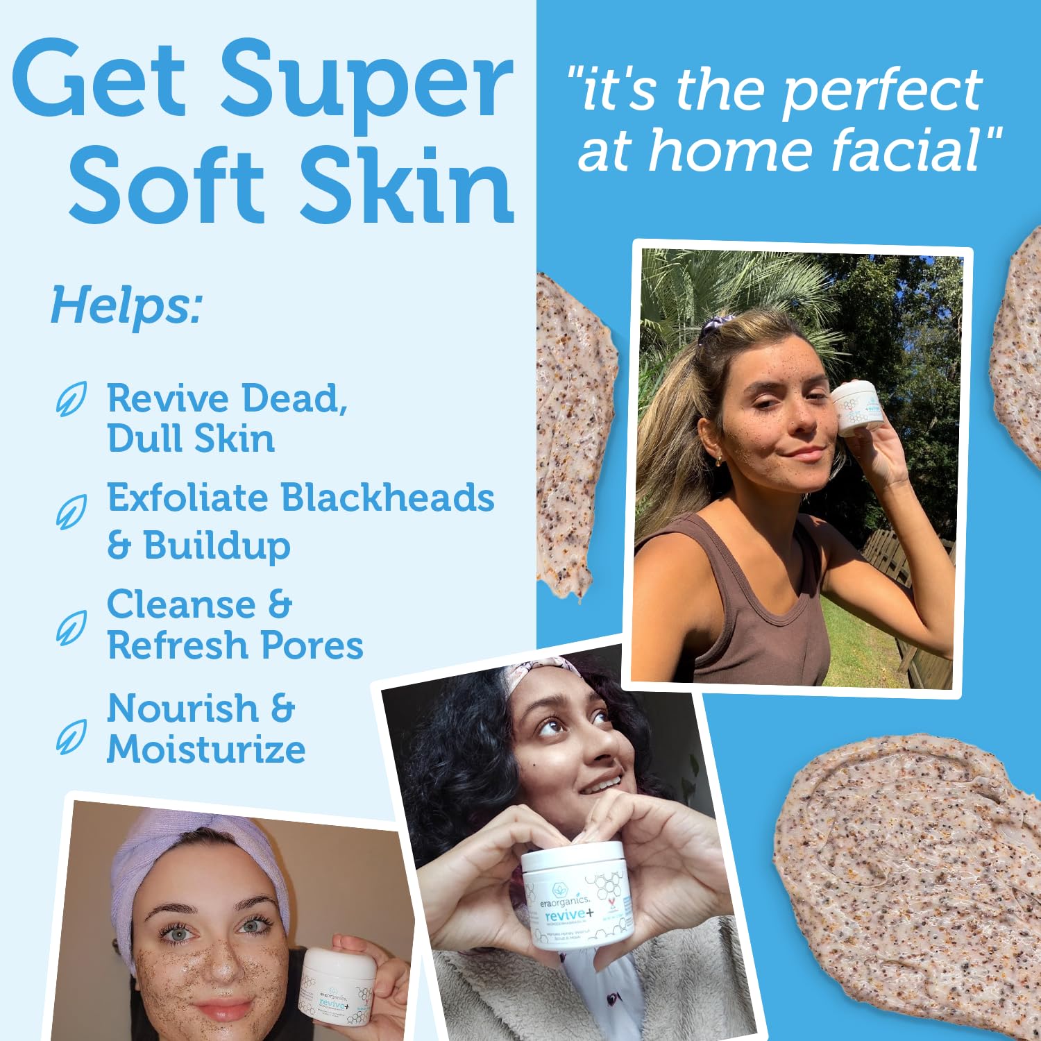Era Organics Manuka Honey exfoliating facial scrub with microdermabrasion texture for smooth, refreshed skin.