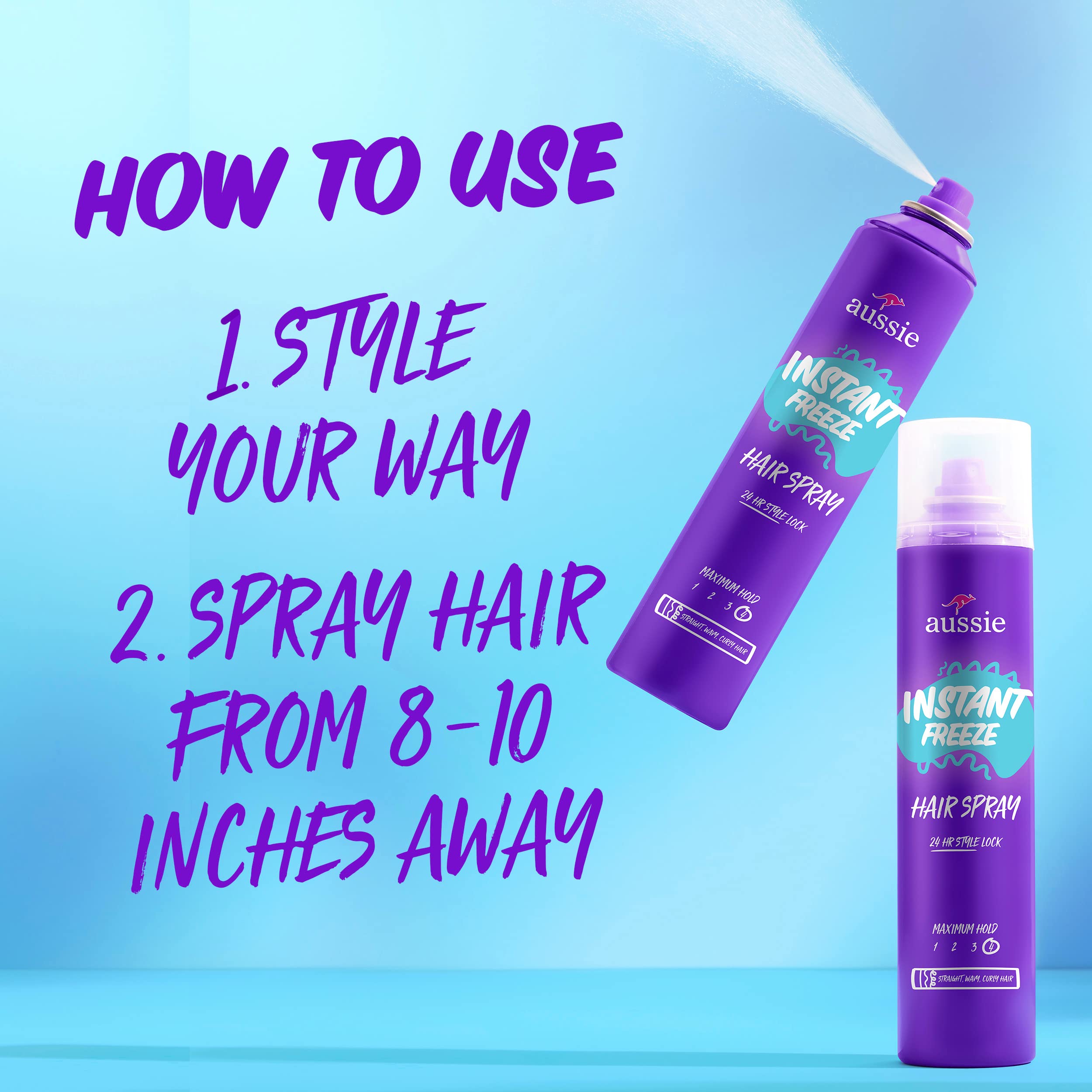 Aussie Instant Freeze Hair Spray extreme hold 3-pack, 10oz bottles, for strong, long-lasting styling and control.