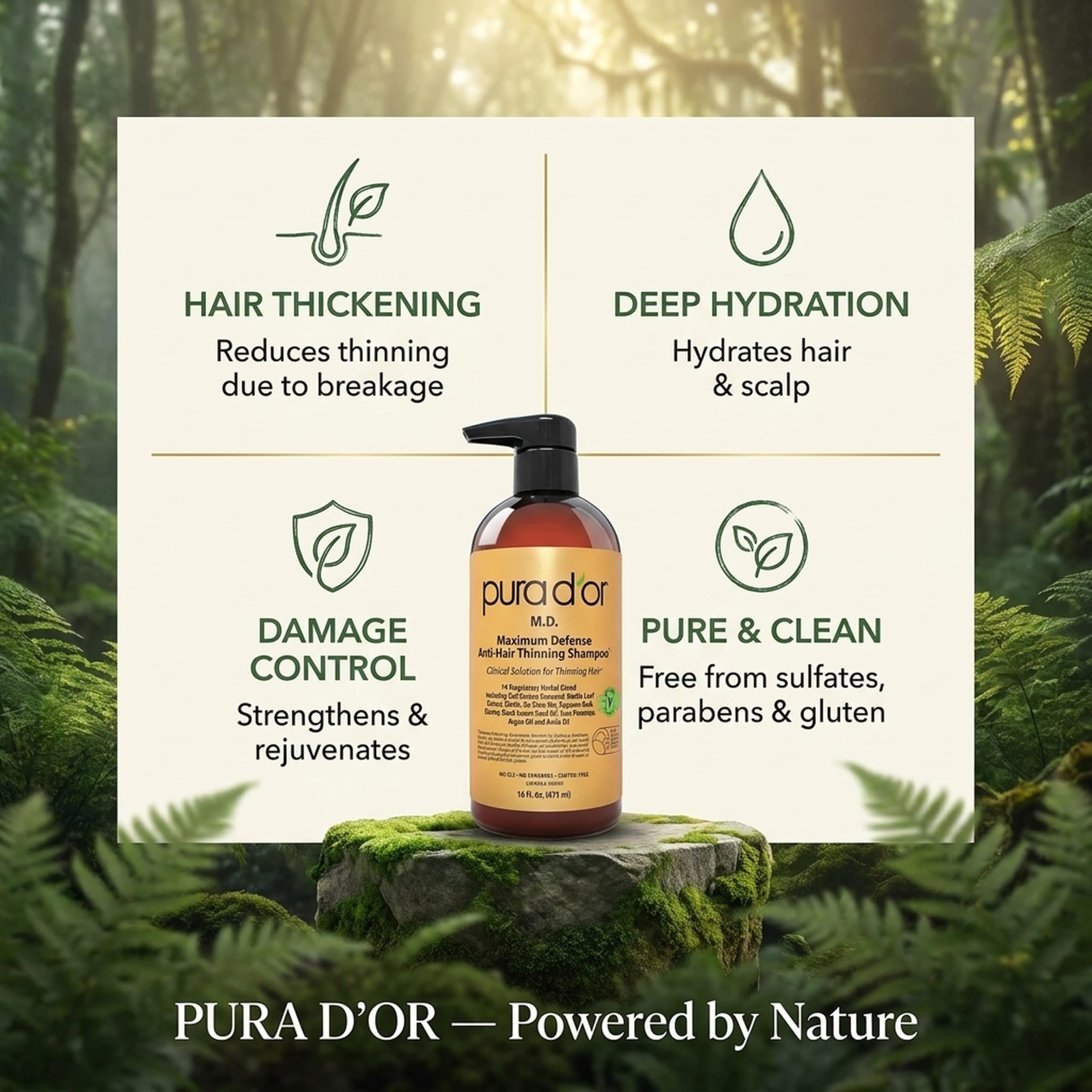 PURA D'OR MD Anti-Hair Thinning Shampoo for dry scalp with biotin, herbal blend, coal tar scent, sulfate-free, 16 oz bottle