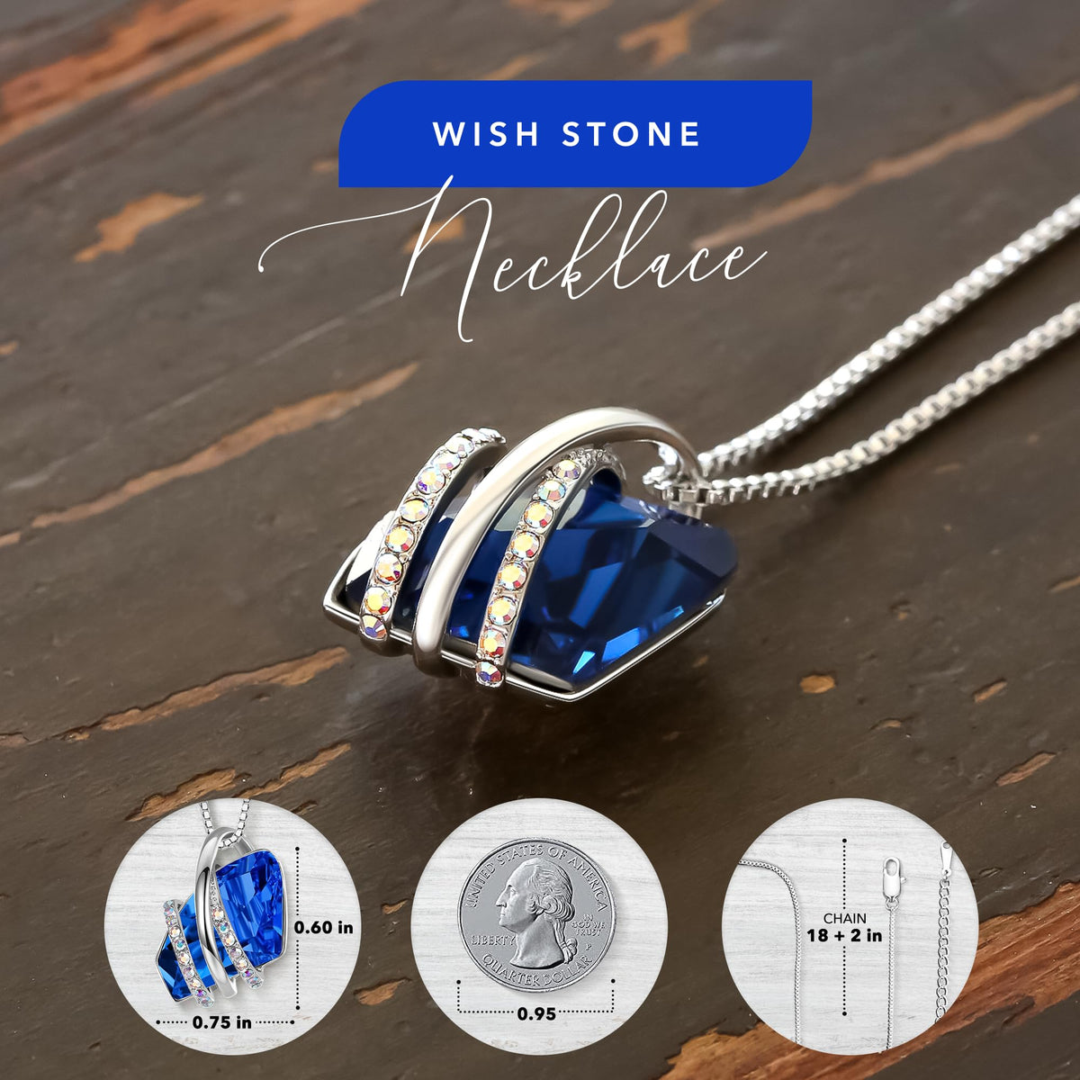 Leafael Wish Stone Pendant Necklace with Birthstone Crystal, 18K Rose Gold Plated/Silvertone, 18" + 2" – packagi