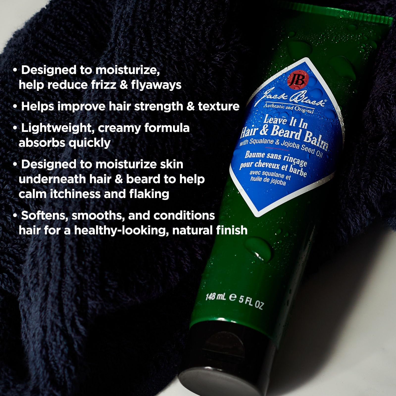 Jack Black Leave It In Hair & Beard Balm in a jar, showing the styling product designed for hair and beard grooming.